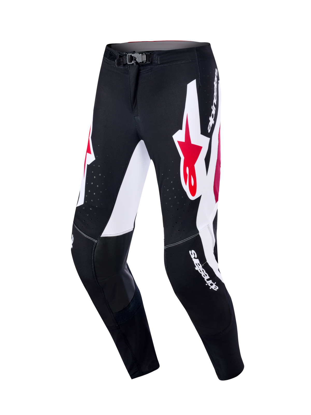 Alpinestars 2026 Supertech AFD Vista broek, motorcrossbroek, zwart, rood en wit, met grote witte grafische panelen met rode ster-logo's, zwarte lederen binnenkniepanelen, lasergesneden perforaties voor luchtstroom en witte woordmerk-branding, professionele uitrusting voor off-road racen