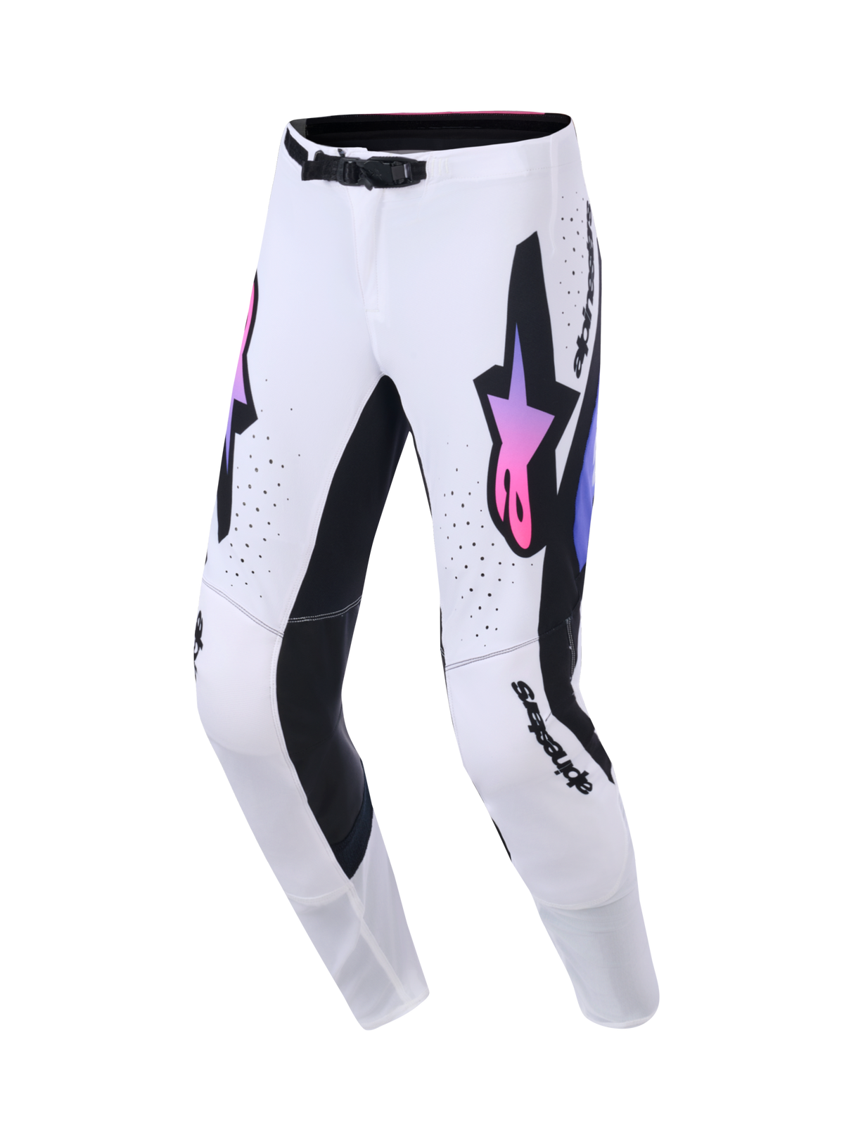 Alpinestars 2026 Supertech AFD Vista Broek, motorcrossbroek, wit, paars en zwart, met een groot zwart Astars-logo met een roze en paars kleurverloop, zwarte panelen aan de binnenkant van de benen en een SX1 magnetische taillegesp, ontworpen voor off-road raceprestaties.