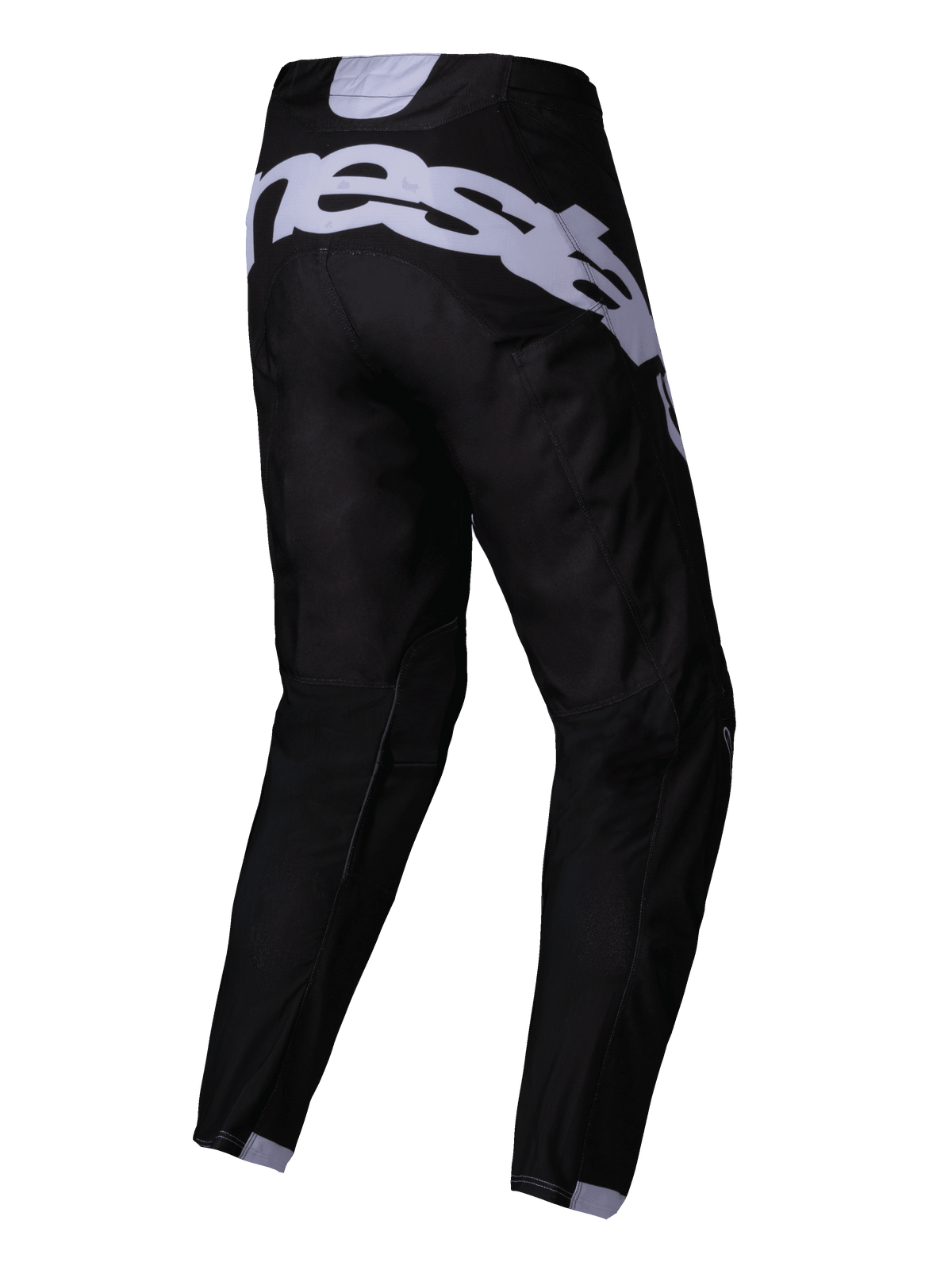 Alpinestars 2025 Racer Graphite broek, motorcrossbroek, zwart en grijs, achteraanzicht met groot grijs logo op het zitvlak, voorgevormde broekspijpen en duurzaam technisch materiaal voor off-road racen