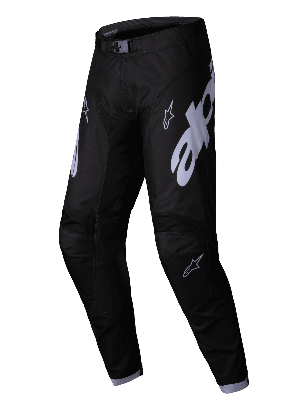 Alpinestars 2025 Racer Graphite broek, motorcrossbroek, zwart en grijs, voorzien van grote grijze Alpinestars-logo's op de dijbenen, voorgevormd beendesign en een magnetische gesp voor off-road raceprestaties