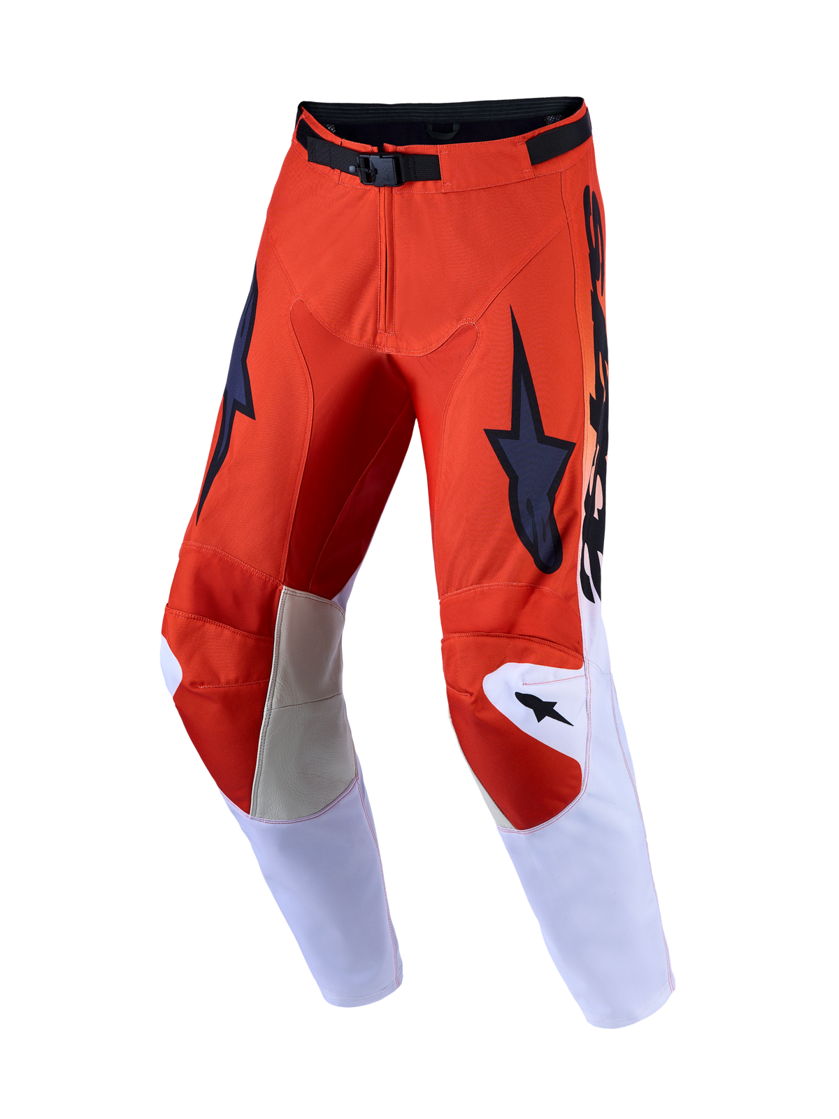 Alpinestars Racer Amber 2027 motorcrossbroek voor heren in rood en lichtlila met lederen kniepanelen.