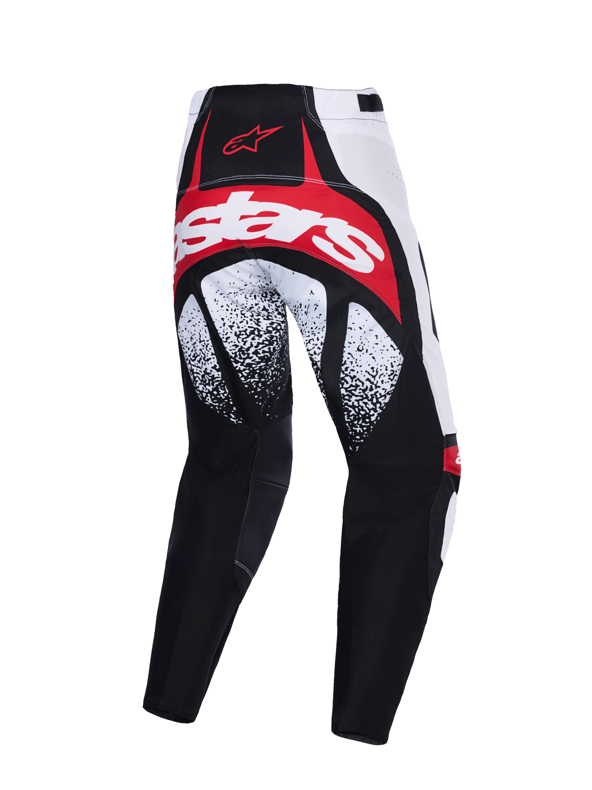 Alpinestars 2026 Techstar Nomur broek, motorcrossbroek, zwart wit en rood, achteraanzicht met opvallende rode en witte branding op het zitvlak, zwart-wit gespikkeld patroon op de dijen en geavanceerde constructie uit meerdere panelen.