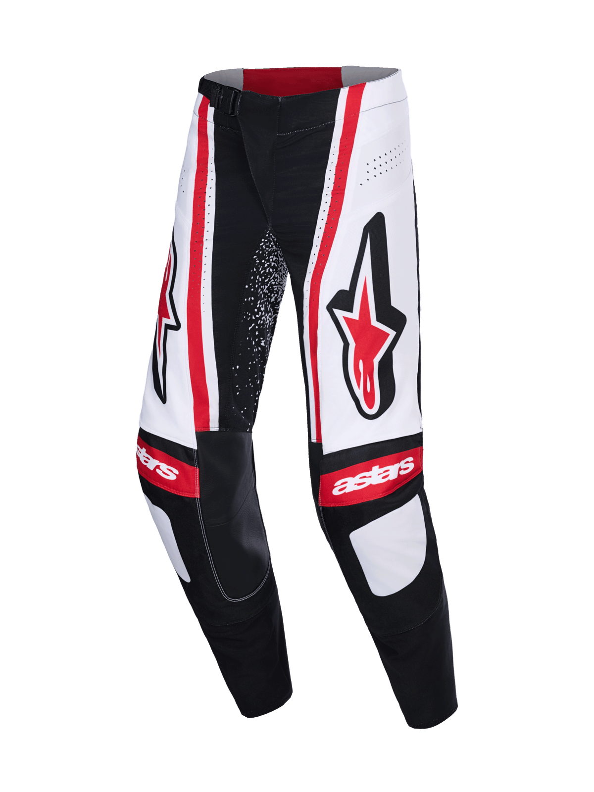 Alpinestars 2026 Techstar Nomur broek, motorcrossbroek, zwart wit en rood, voorzien van grote rode Astars-logo's op de dijen, witte panelen met verticale rode strepen en 'astars'-branding op de knieën