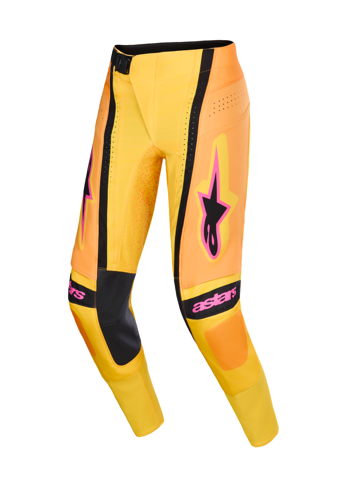 Alpinestars 2026 Techstar Nomur crossbroek, motorcross broek, oranje, geel en roze, met zwarte binnenkniepanelen en opvallende roze Alpinestars-logo's, technisch ontwerp met geventileerde perforaties en atletische racepasvorm, hoogwaardige uitrusting voor off-road racing
