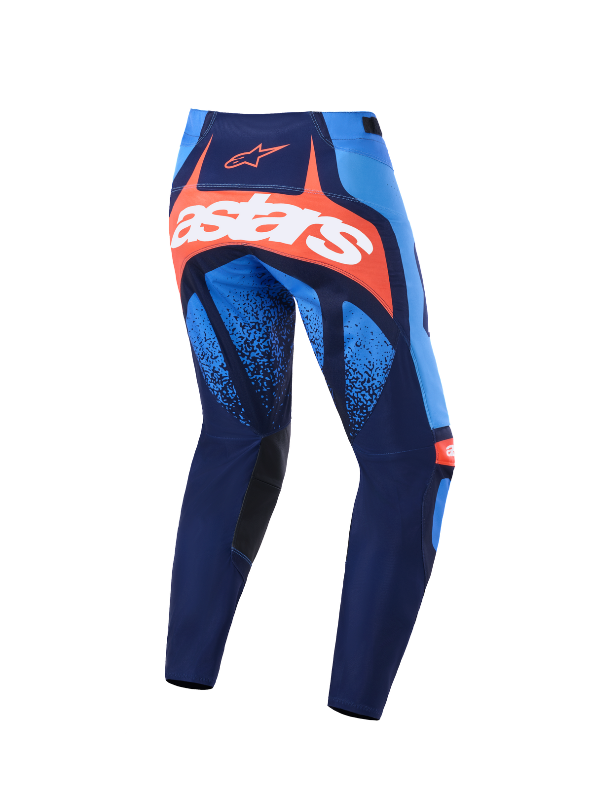 Alpinestars 2026 Techstar Nomur Pants, Motocross Pants, Dark Navy, Orange, and UCLA Blue, back view featuring a bold white astars logo on an orange panel, multi-panel design with light blue accents, black inner knee panels, durable gear for off-road racing.