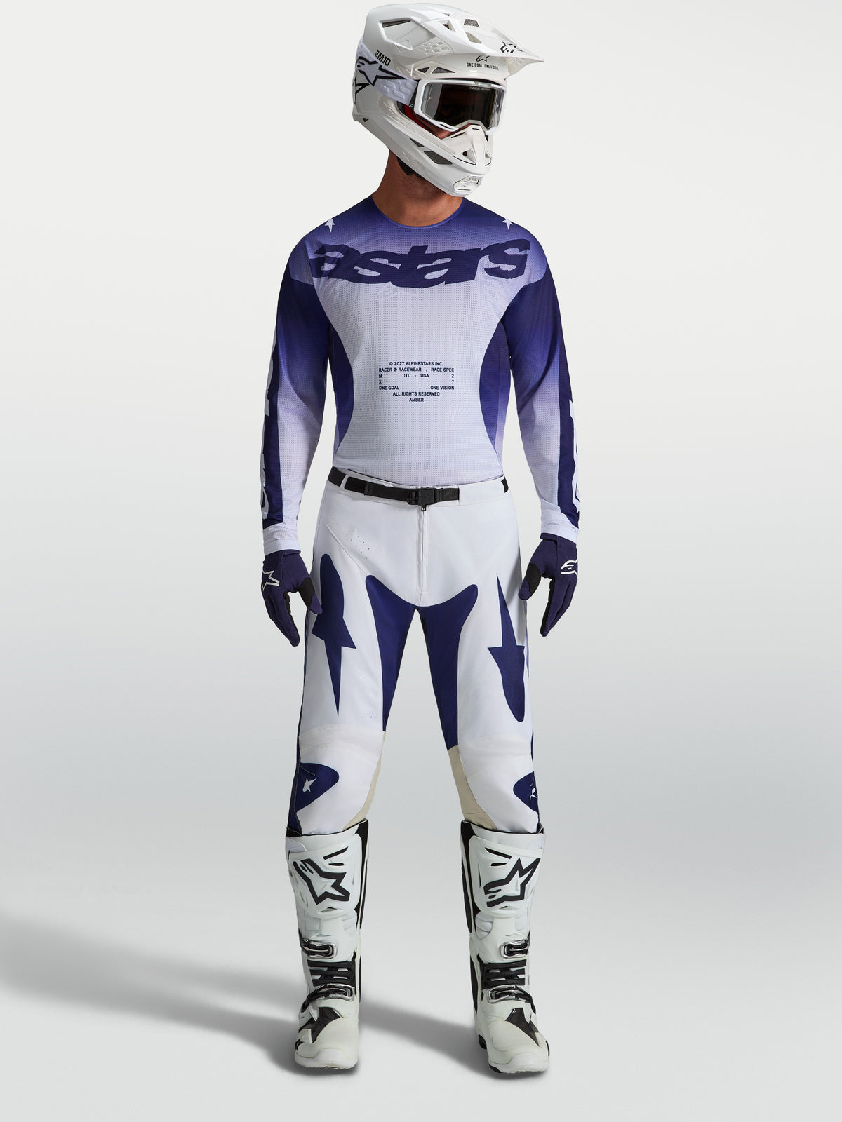 Alpinestars Racer Air Amber broek, blauw-witte motocross-set voor heren met geperforeerde jersey en ventilatie.