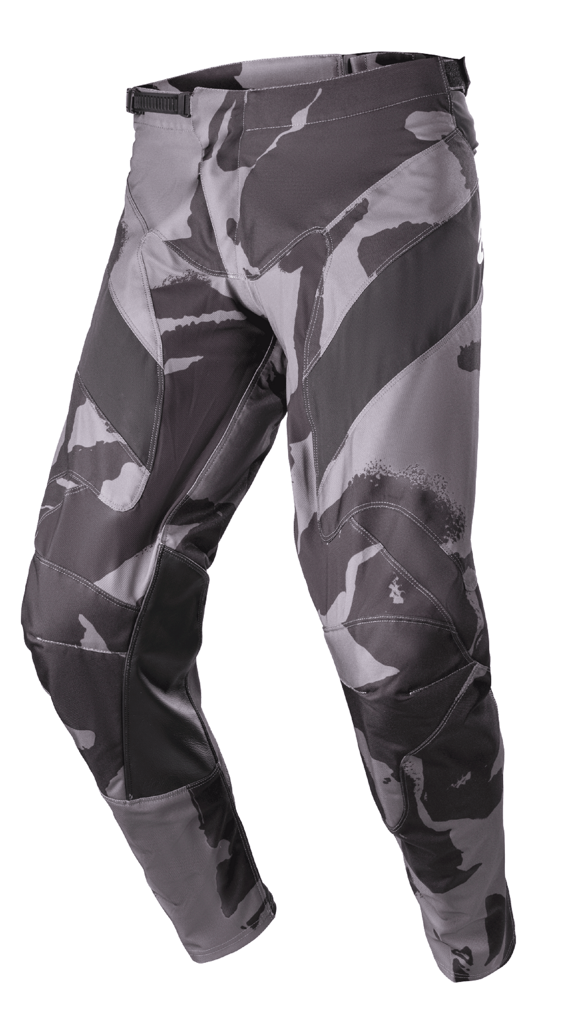 Alpinestars 2023 Racer Tactical Pants, motorcrossbroek, grijs en zwart camouflagepatroon, met leer versterkte binnenkant van de benen, ratelsluiting in de taille, duurzame constructie van 600D poly-stof