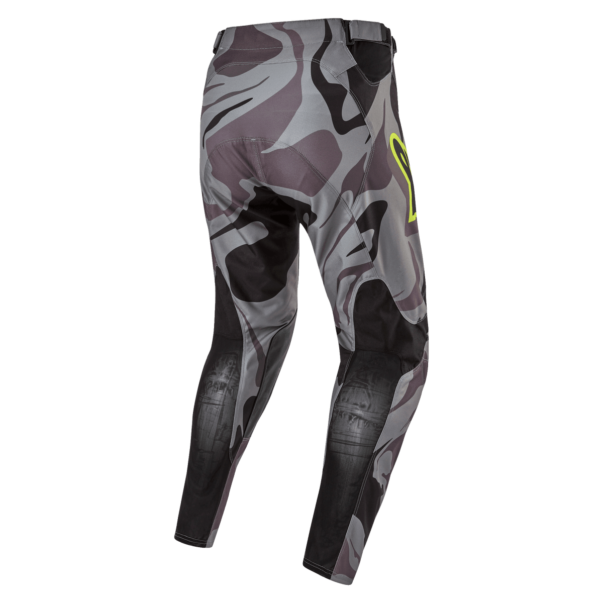 Alpinestars 2024 Racer Tactical broek, motorcross broek, Cast Gray Camo Magnet, achteraanzicht met grijs camouflagepatroon en zwarte versterkte panelen, geel logo-accent op de heup, technisch ripstop-materiaal voor off-road racing