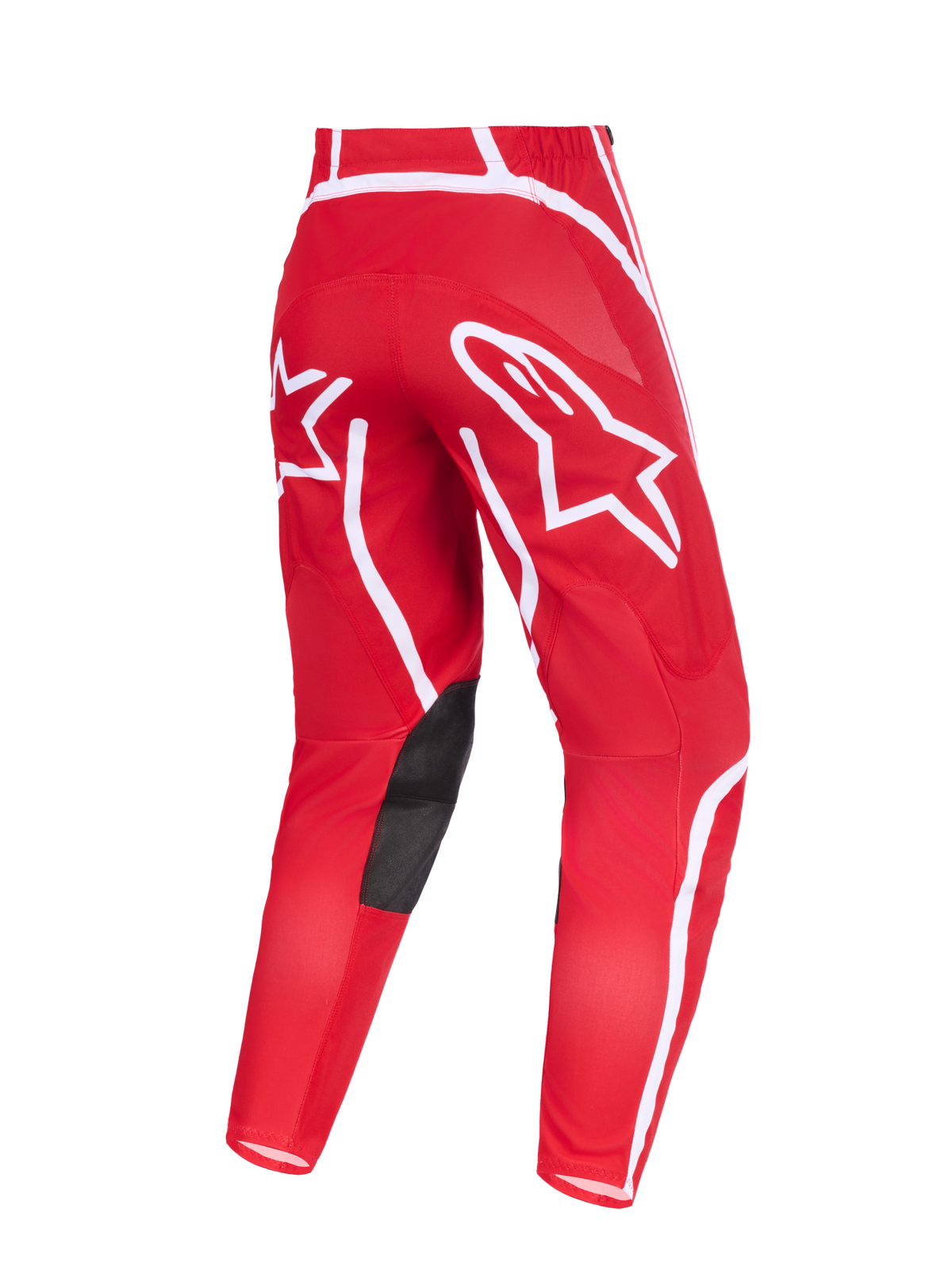 Alpinestars 2026 Fluid Apex Pants, motorcrossbroek, rood en wit, achteraanzicht met opvallende witte sterlogo's op het zitvlak, zwarte synthetisch lederen kniestukken aan de binnenzijde en een ergonomisch voorgevormd ontwerp voor off-road rijden.