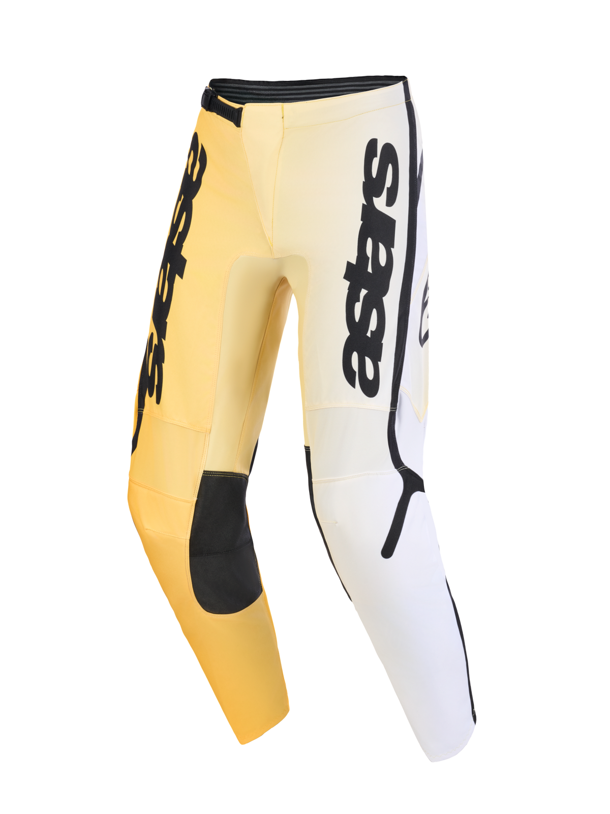 Alpinestars 2026 Fluid Apex broek, motorcrossbroek, geel, wit en zwart, met een kleurverloop, opvallende verticale astars-branding op de dijbenen, zwarte versterkte kniepanelen en een ergonomisch voorgevormd ontwerp voor off-road prestaties.