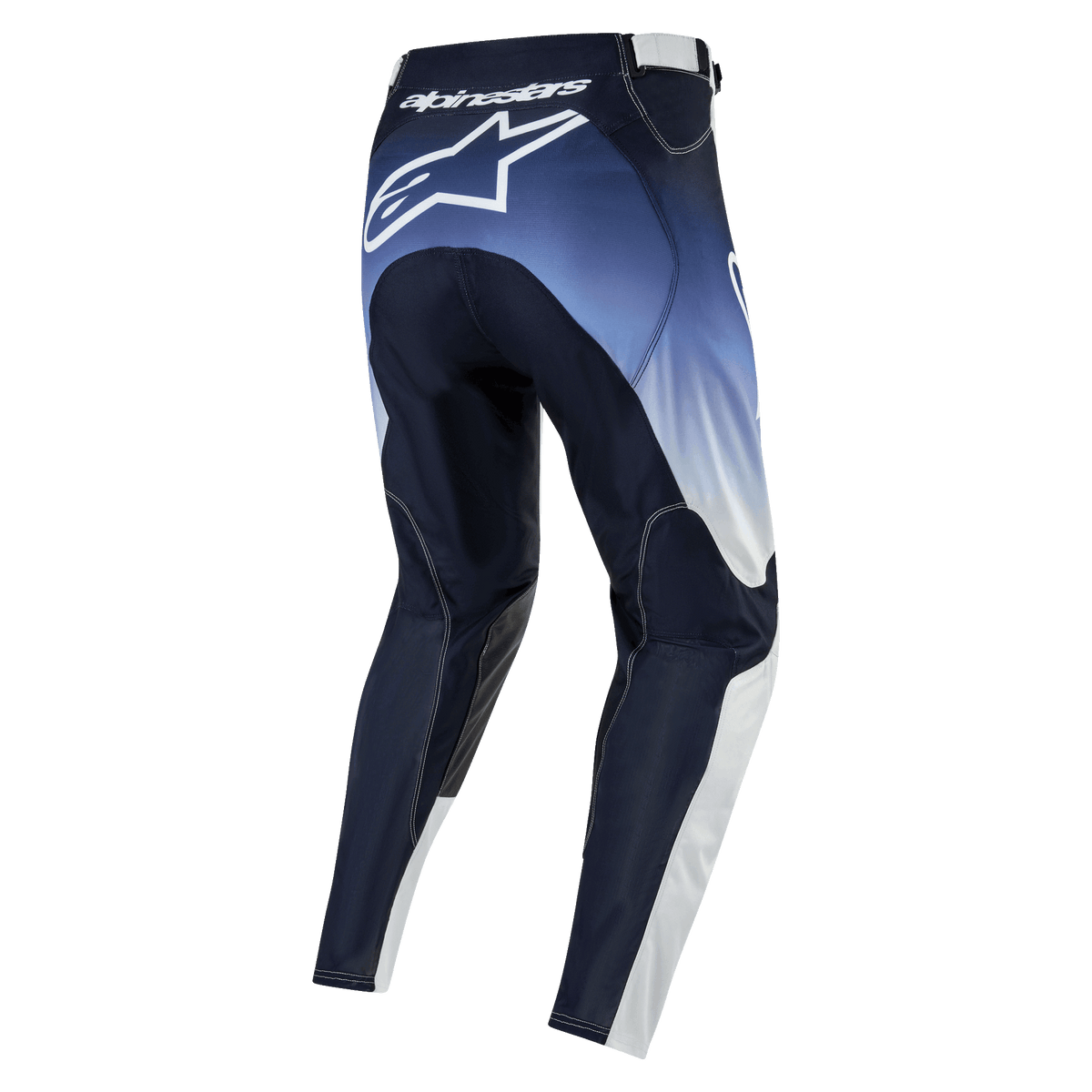 Alpinestars 2024 Racer Hoen Broek, motorcross broek, achteraanzicht, donkerblauw met lichtblauw en wit, wit logo op het zitvlak, sportieve pasvorm en duurzaam materiaal voor off-road rijden