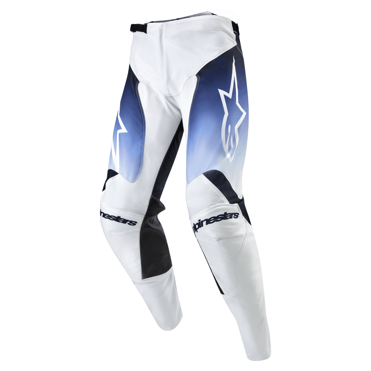 Alpinestars 2024 Racer Hoen Broek, motorcross broek, wit met donkerblauw en lichtblauw verloop, witte ster-logo's op de dijen, zwarte accenten op de binnenkant van de knieën, duurzaam materiaal voor off-road prestaties