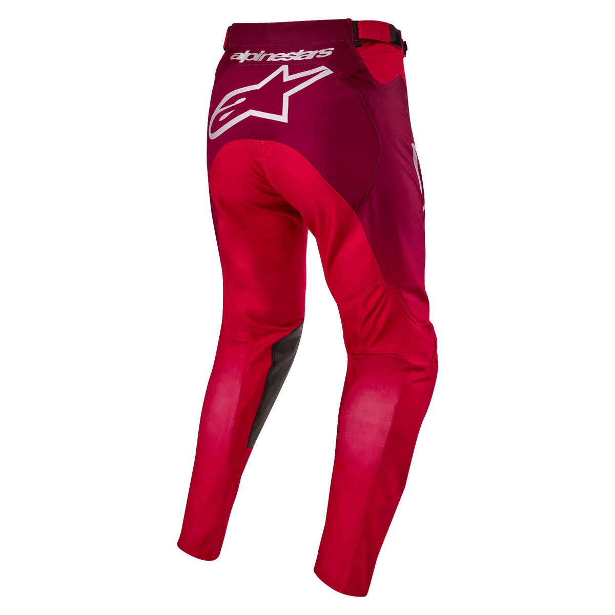 Alpinestars 2024 Racer Hoen broek, motorcrossbroek, Mars Red en Burgundy, achteraanzicht met groot wit Alpinestars-logo op het zitvlak, ergonomische voorgevormde beenconstructie, duurzaam textielmateriaal voor off-road racen
