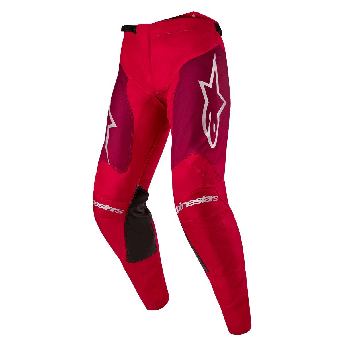 Alpinestars 2024 Racer Hoen broek, motorcrossbroek, Mars Red Burgundy, met bordeauxrode dijbeenpanelen en witte Alpinestars-logo's op de knieën en heupen, zwarte gripvlakken aan de binnenzijde van de knieën, sportief voorgevormd ontwerp voor off-road prestaties