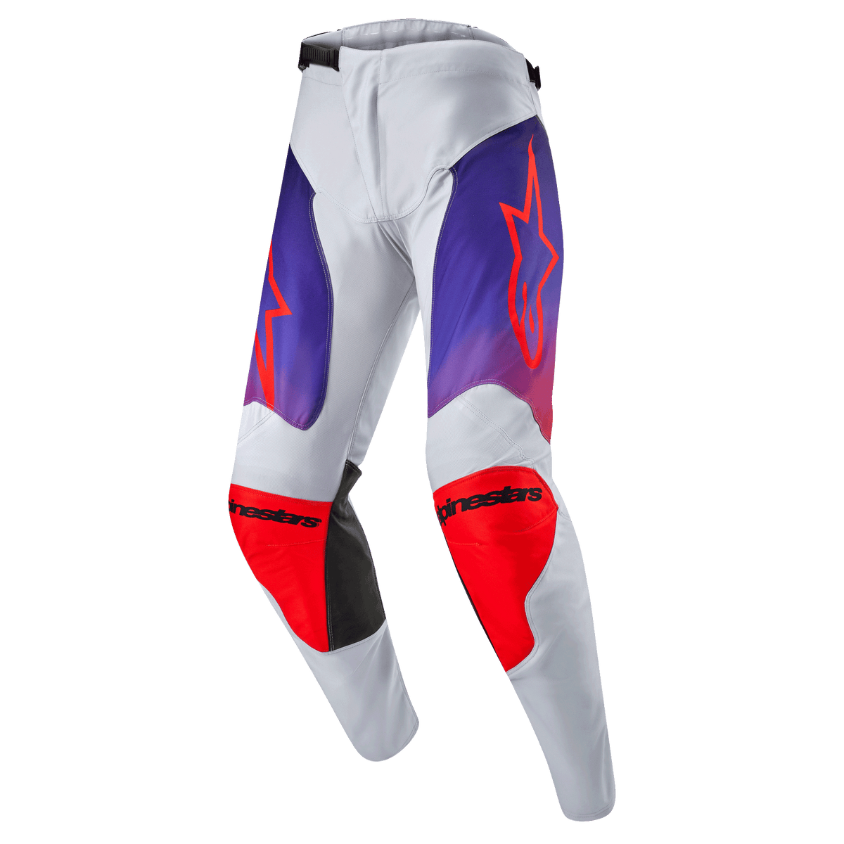 Alpinestars 2024 Racer Hoen Broek, motorcross broek, lichtgrijs met paarse kleurvlakken en feloranje accenten, oranje sterlogo op de dijen en zwart Alpinestars-logo op de knieën, sportieve pasvorm voor off-road prestaties
