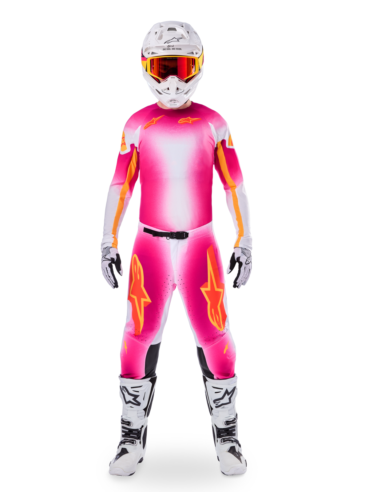 Motocross rider wearing Alpinestars Limited Edition Supertech AFD MIG Gear Set, vibrant Pink Fluo and White gradient jersey and pants with orange logos, white helmet with red goggles, white and black boots and gloves, coordinated professional racing outfit.