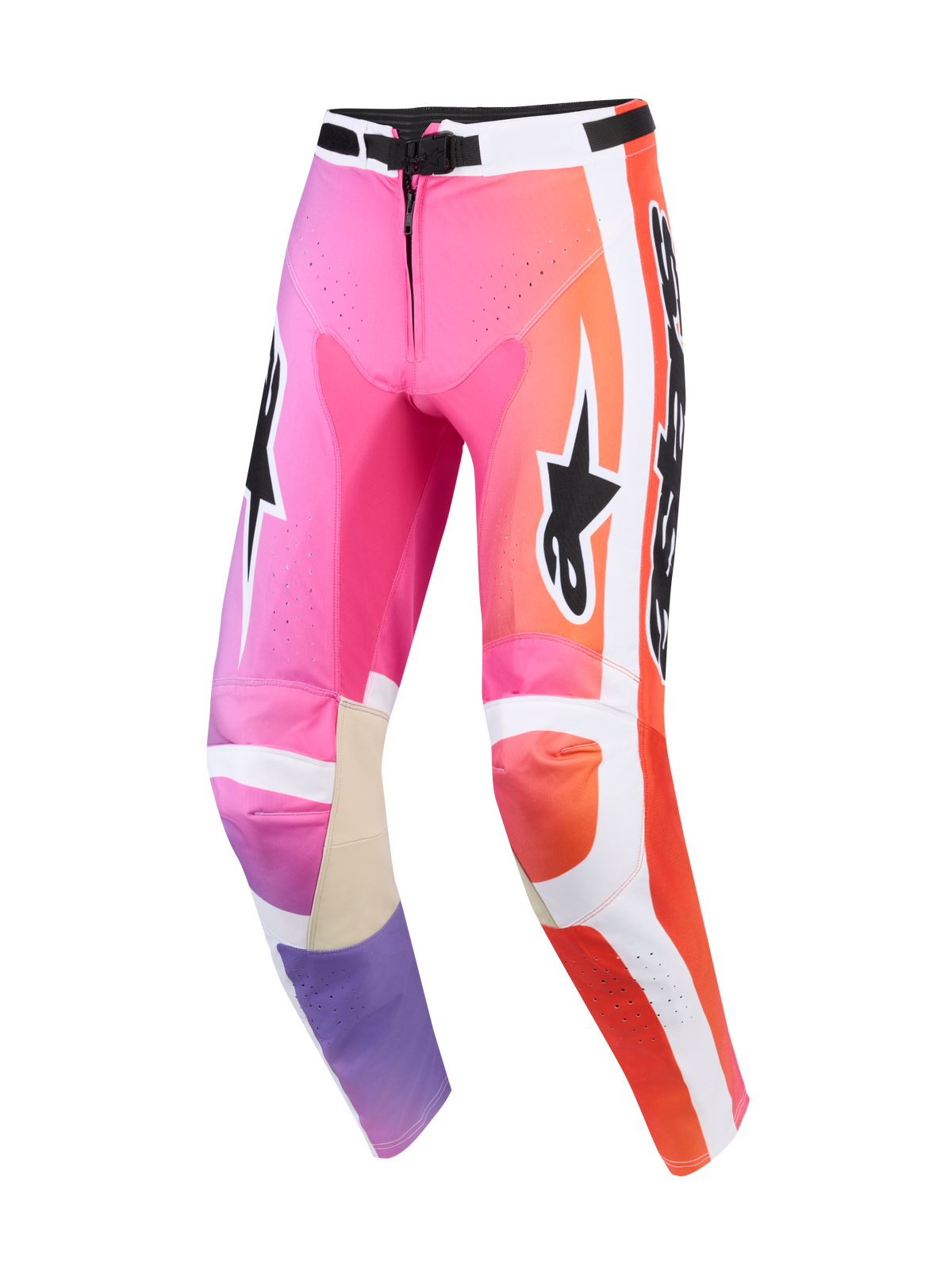 Alpinestars 2026 Racer Air Portl broek, motorcrossbroek, roze, oranje en paars multicolor, met witte zijpanelen, zwarte Alpinestars logo's, geperforeerde zones voor ventilatie en beige lederen knieverstevigingen aan de binnenzijde.