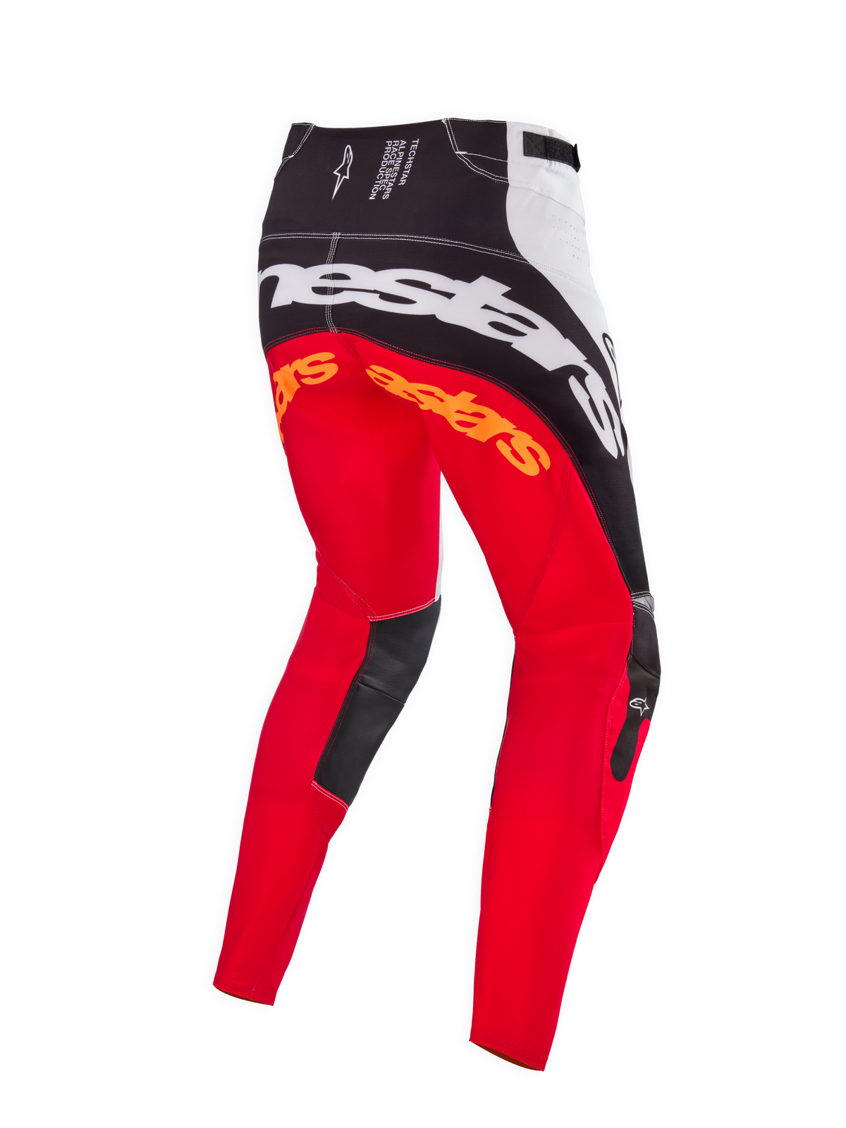 Alpinestars Limited Edition Techstar Deep crossbroek, kleurstelling Black White High Red, achteraanzicht met grote witte Alpinestars-branding over het zitvlak, oranje logo's op de bovenbenen en zwarte lederen panelen aan de binnenzijde van de knieën, ontworpen voor professionele off-road racing.