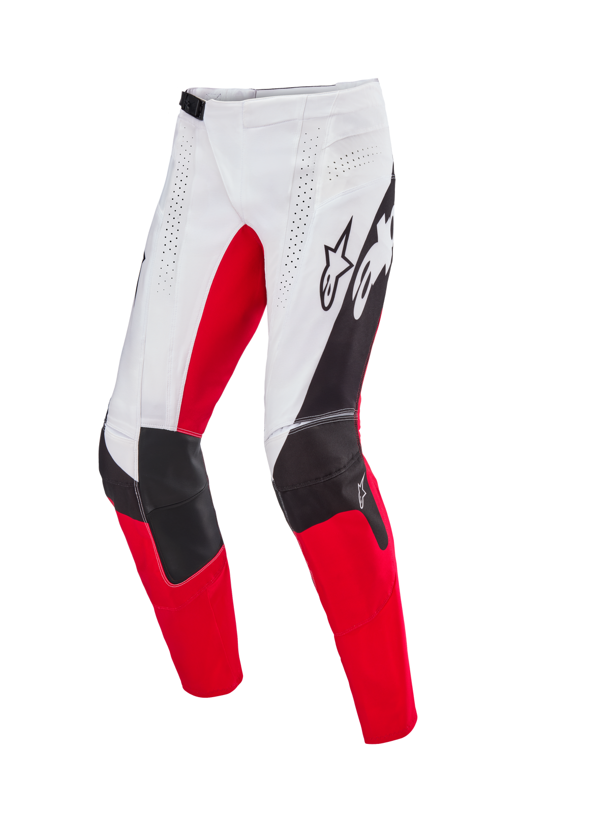 Alpinestars Limited Edition Techstar Deep crossbroek, motorcross broek, wit zwart en felrood, met lasergeperforeerde ventilatie, 3D Babel knieconstructie met versterkte panelen en opvallende Alpinestars-branding op de dijen, ontworpen voor professionele off-road prestaties.