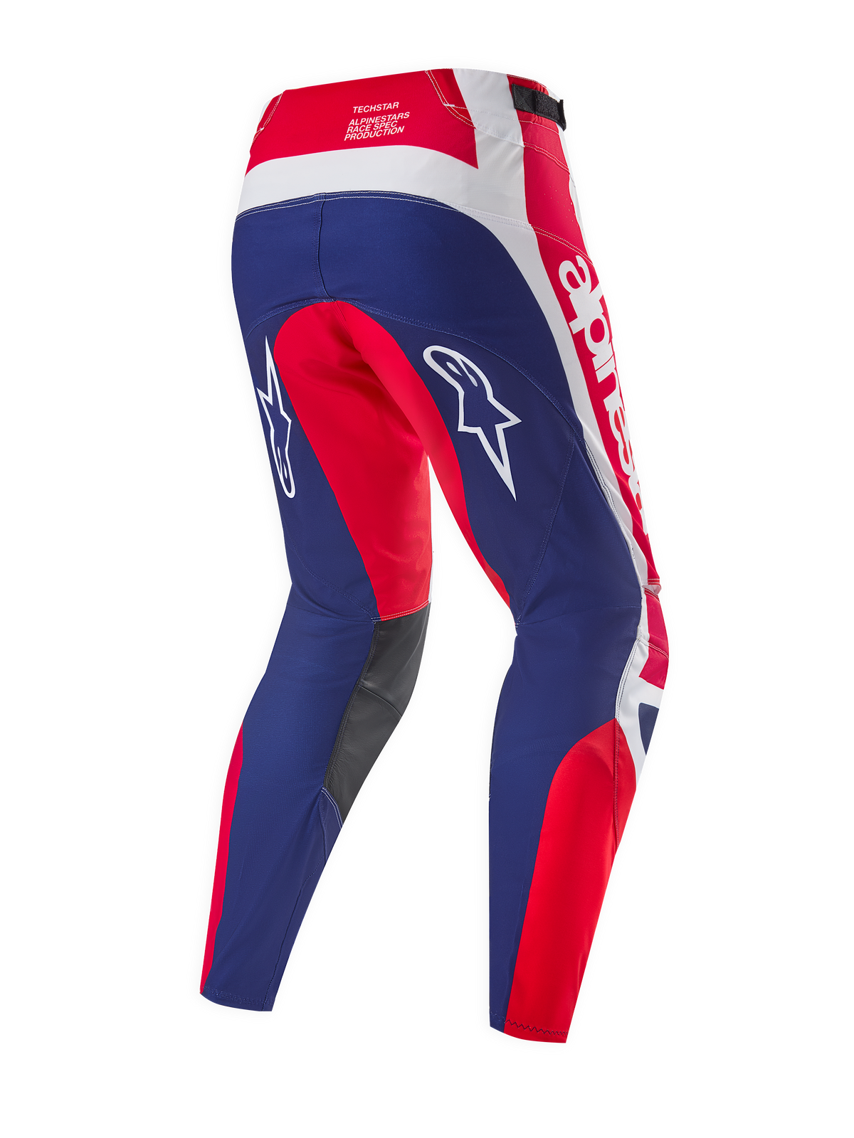 Alpinestars Limited Edition Techstar Fortitude broek, motorcross broek, felrood wit blauw, achteraanzicht met blauwe zitvlak- en beenpanelen met rode en witte accenten, witte sterlogo's op de dijen en Techstar race spec branding op de tailleband.