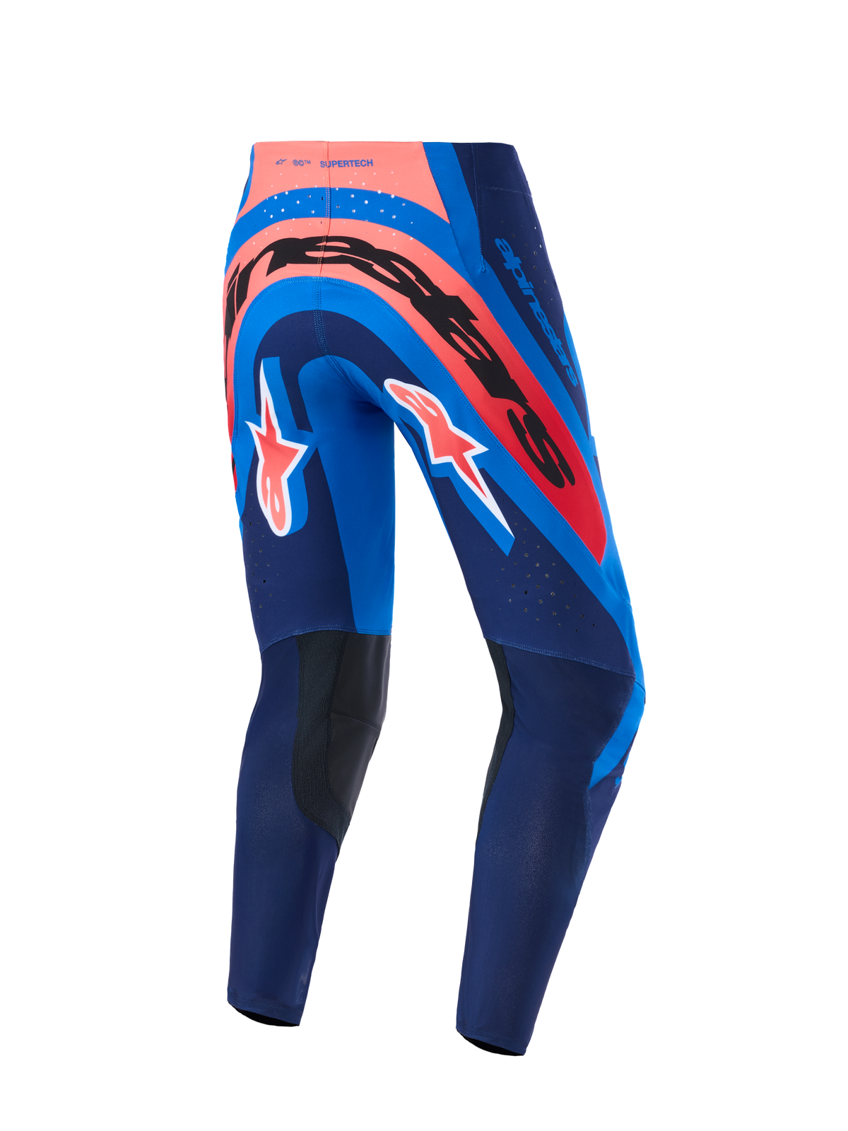 Alpinestars 2026 Supertech Vista broek, motorcrossbroek, Dark Navy Hot Coral en Cobalt, achteraanzicht met opvallende branding op het zitvlak en A-star logo's op de benen, voorzien van donkere verstevigde panelen aan de binnenkant van de knie en lasergesneden perforaties voor luchtstroom