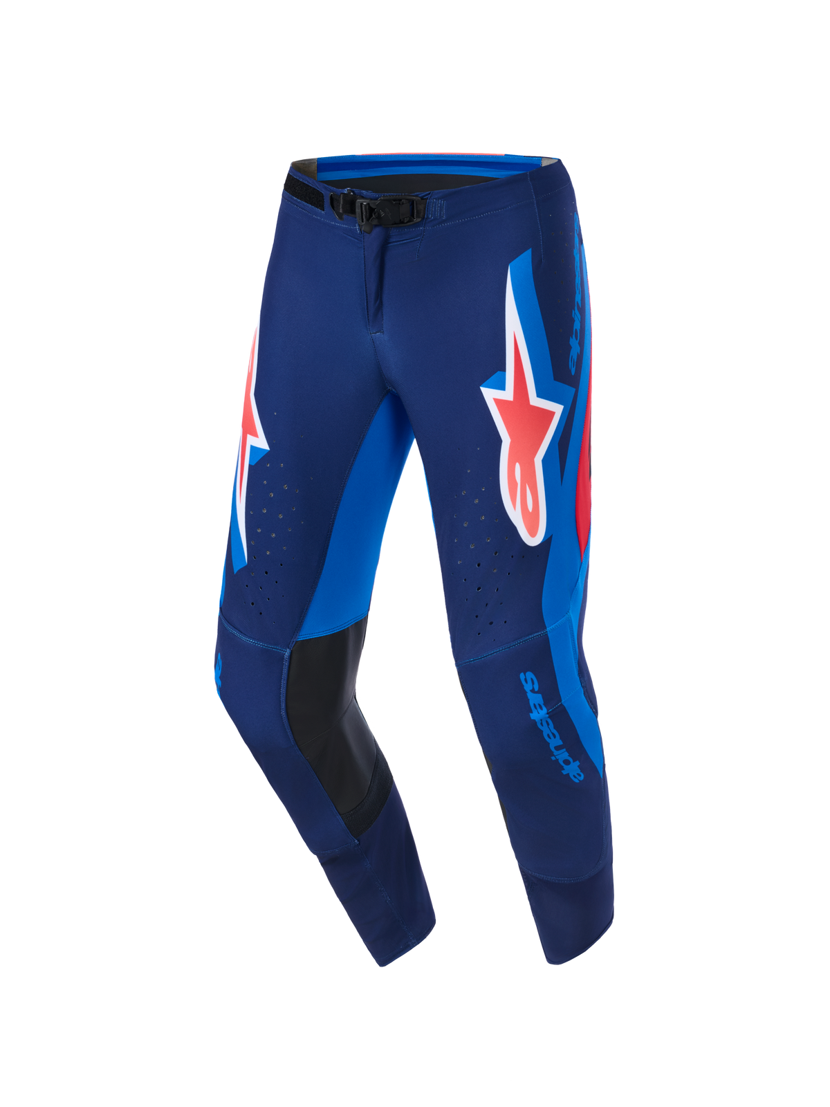 Alpinestars 2026 Supertech Vista broek, motorcrossbroek, Dark Navy Hot Coral Cobalt, met een groot koraalrood Astars-logo op de dijen, felblauwe zijpanelen, zwarte lederen knieverstevigingen aan de binnenzijde en lasergesneden perforaties voor ventilatie, ontworpen voor elite raceprestaties.