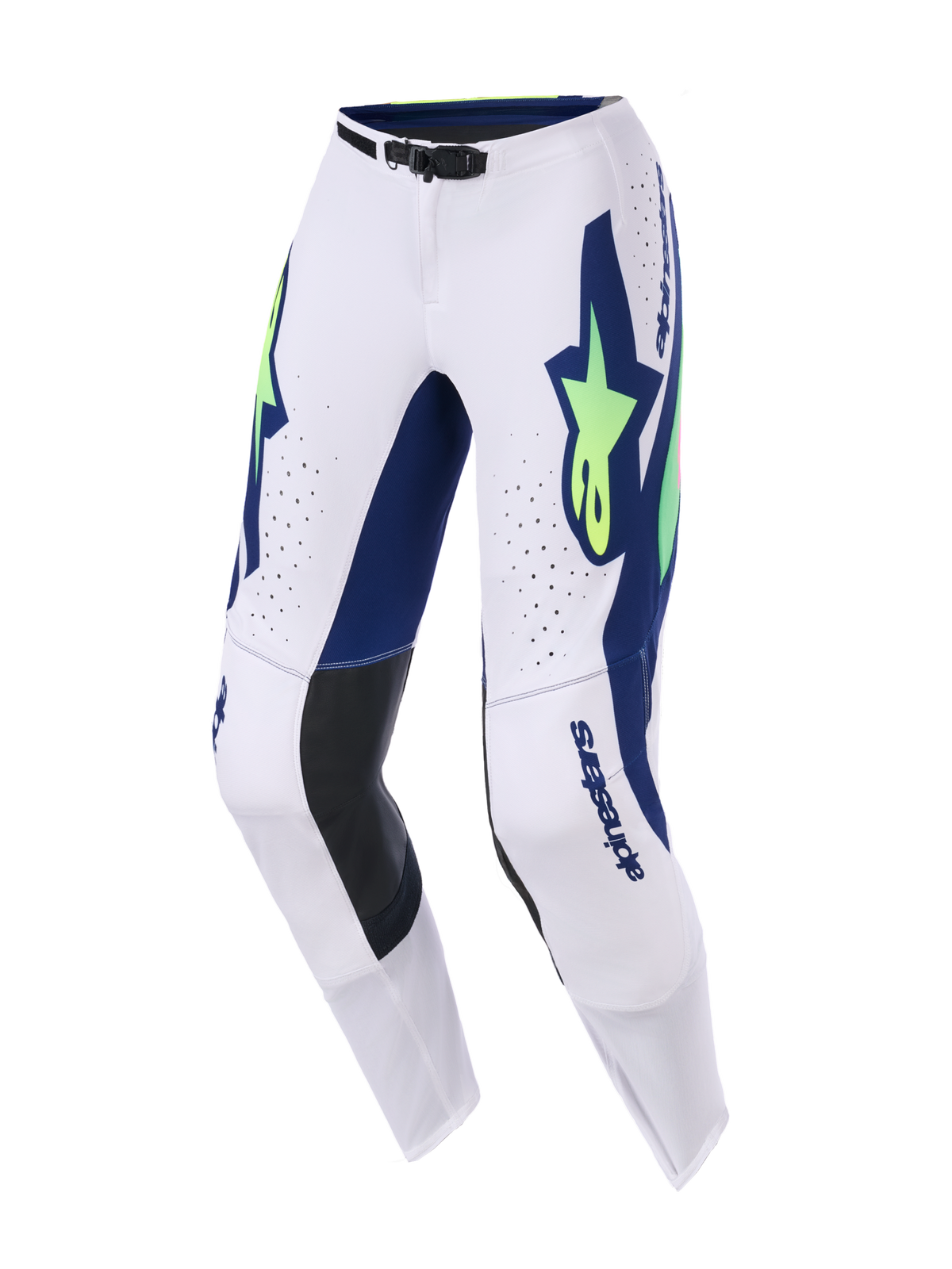 Alpinestars 2026 Supertech Vista broek, motorcrossbroek, lichtgrijs, fluogeel en blauw, voorzien van opvallende blauwe en fluorescerend gele logo's, lasergesneden perforaties voor ventilatie, zwarte lederen kniepanelen en een veilige magnetische taillegesp.