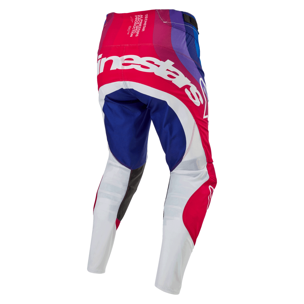 Alpinestars 2024 Techstar Pneuma crossbroek, motorcross broek, blauw, marsrood en wit, achteraanzicht met grote witte Alpinestars-branding over het zitvlak, blauwe en rode panelen met witte onderkant van de benen, duurzaam ontwerp voor off-road competitie