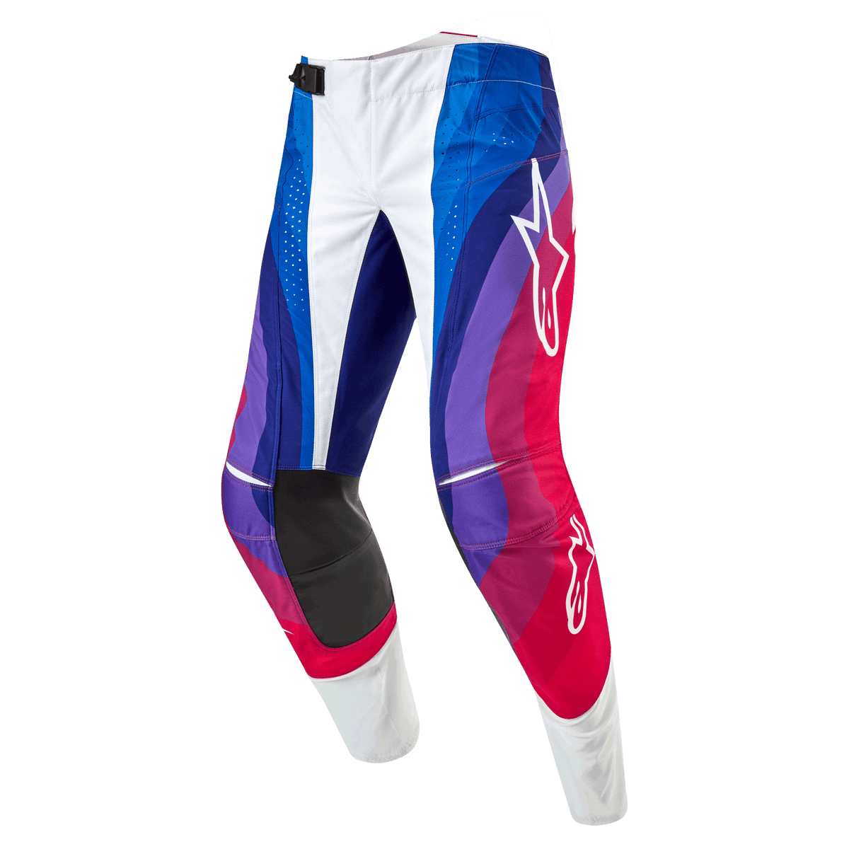 Alpinestars 2024 Techstar Pneuma broek, motorcrossbroek, Blu Mars Red White, met een dynamisch golfpatroon in blauwe, paarse en rode tinten, witte Alpinestars-logo's en duurzame zwarte binnenpanelen op de knieën
