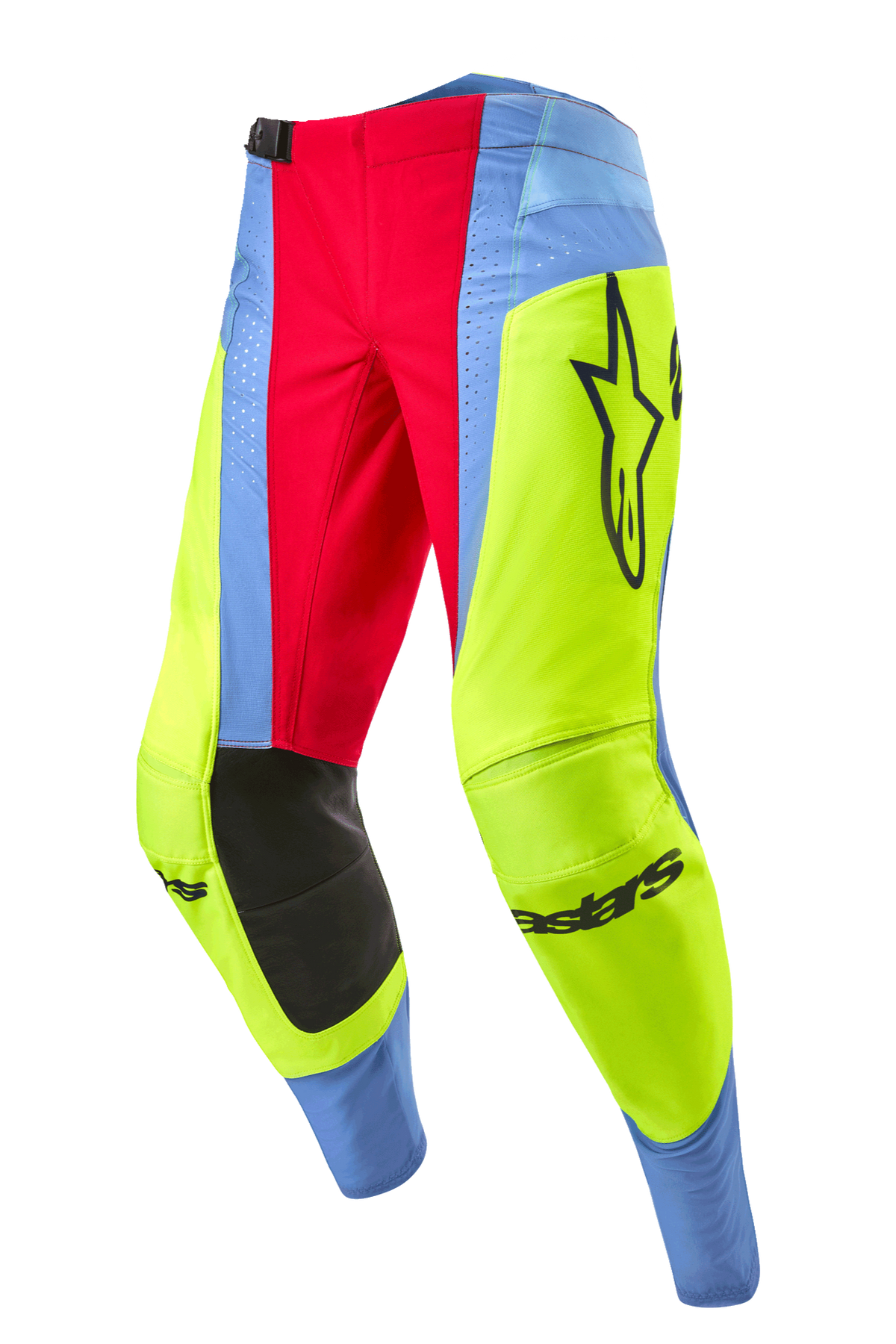 Alpinestars 2024 Techstar Ocuri crossbroek, motorcross broek, lichtblauw, fluogeel en bessenrood, voorzien van zwarte kniepanelen aan de binnenzijde, opvallend Alpinestars-logo en levendige veelkleurige panelen voor off-road racen