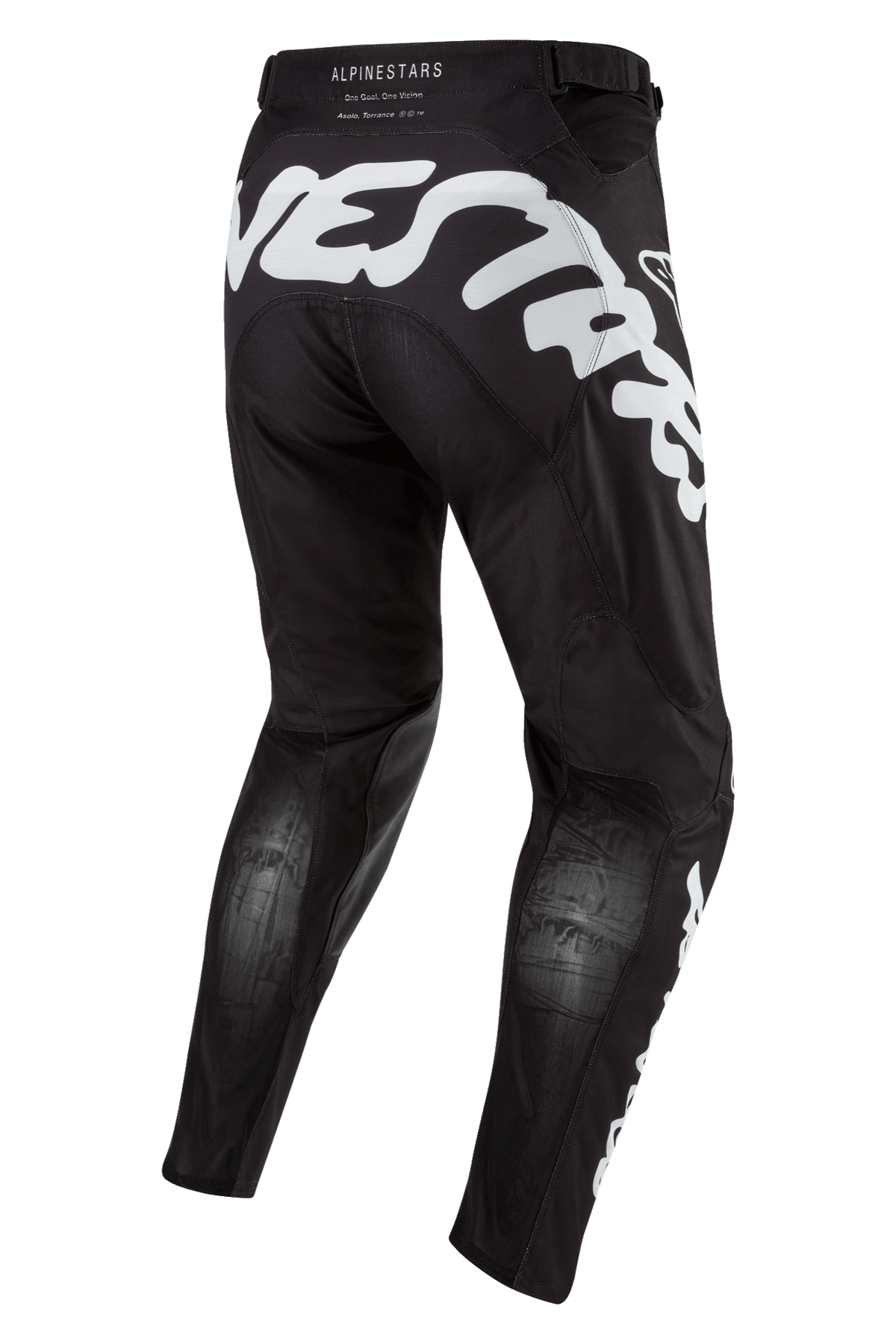 Alpinestars 2024 Racer Hana Pants, motorcrossbroek, zwart met wit, achteraanzicht met groot wit grafisch logo op het zitvlak, ademende Stretchnet-zones op de kuiten, sportieve pasvorm voor terreinrijden.