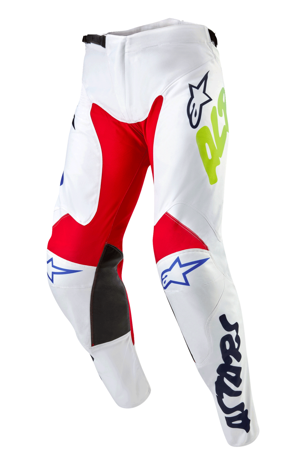 Alpinestars 2024 Racer Hana crossbroek, motorcross broek, wit multicolor, met rode en zwarte panelen aan de binnenzijde van de knieën, blauwe Astars-logo's en neongele branding, voorgevormd ontwerp met ratelsluiting in de taille, duurzame textieluitrusting voor off-road