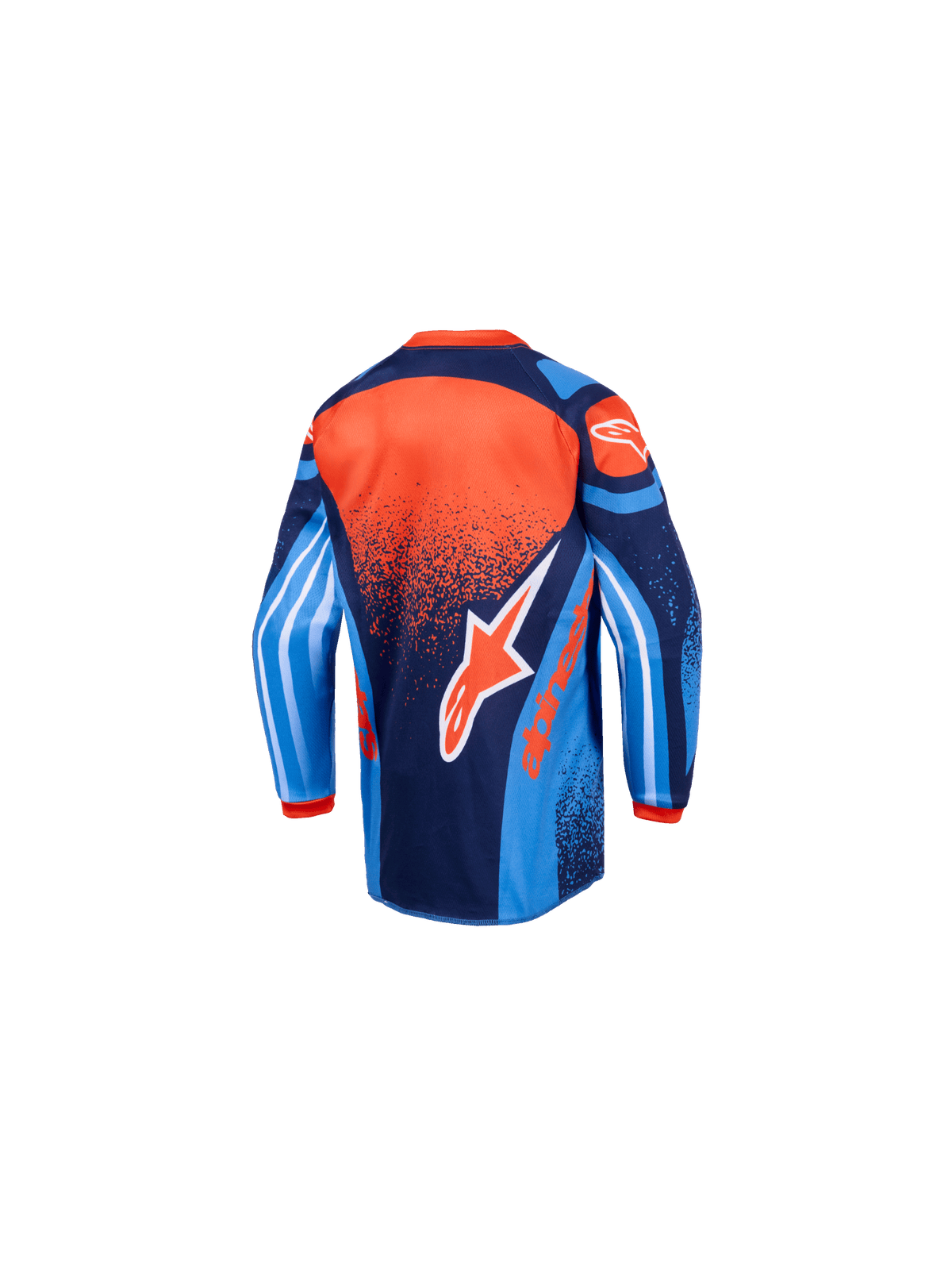 Alpinestars 2026 Kids Racer Nomur Jersey, motocross shirt, donkerblauw, oranje en UCLA-blauw, achteraanzicht, met groot Alpinestars-logo, een verlengde achterzoom en mouwen met levendige graphics voor off-road prestaties voor de jeugd.