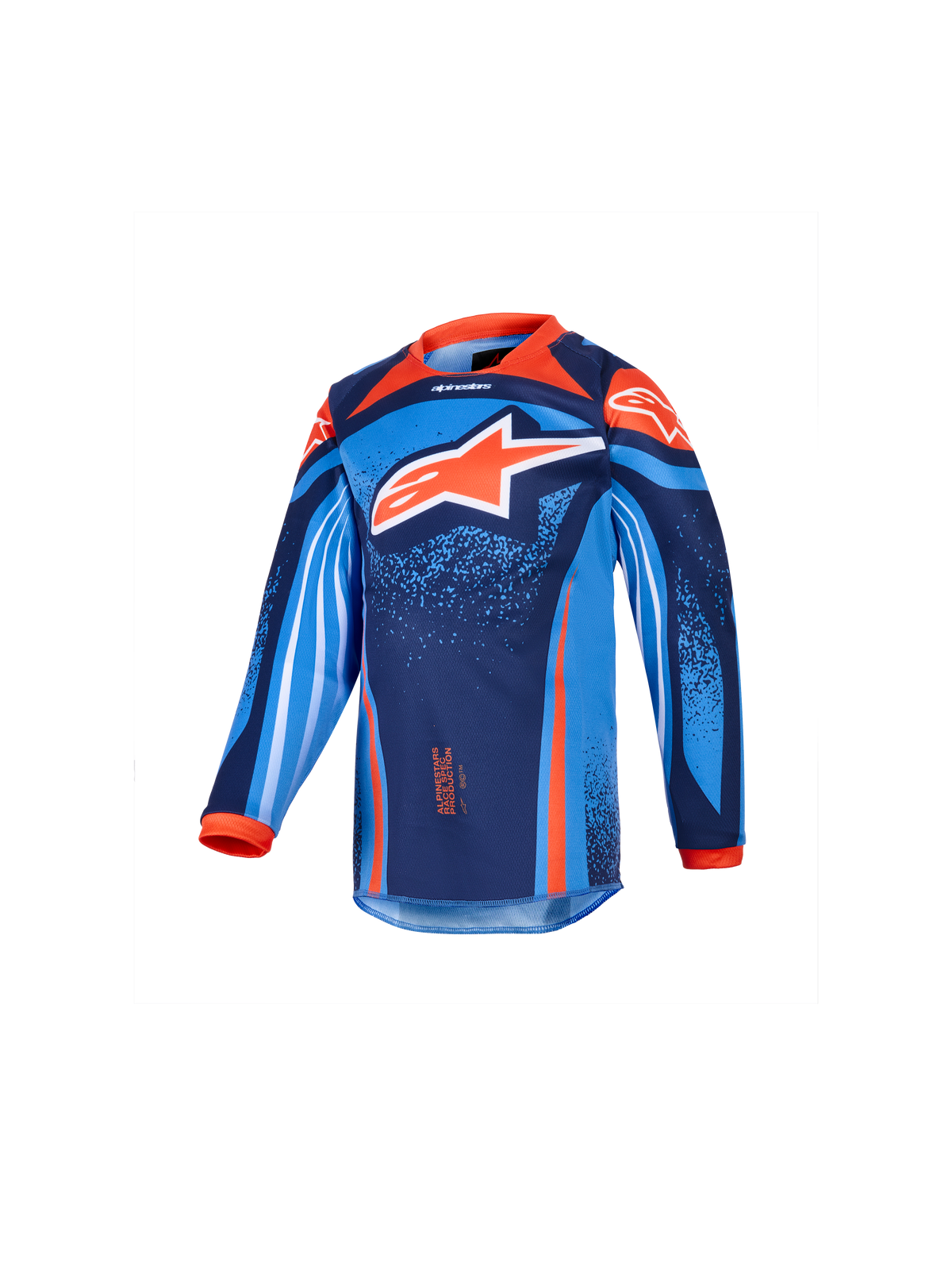 Alpinestars 2026 Kids Racer Nomur Jersey, jeugd motorcrossshirt met lange mouwen, donkerblauw, oranje en UCLA-blauw, voorzien van een groot wit en oranje sterlogo, levendige geometrische en gespikkelde graphics, oranje kraag en manchetten, hoogwaardige stof voor motorcrossraces voor de jeugd