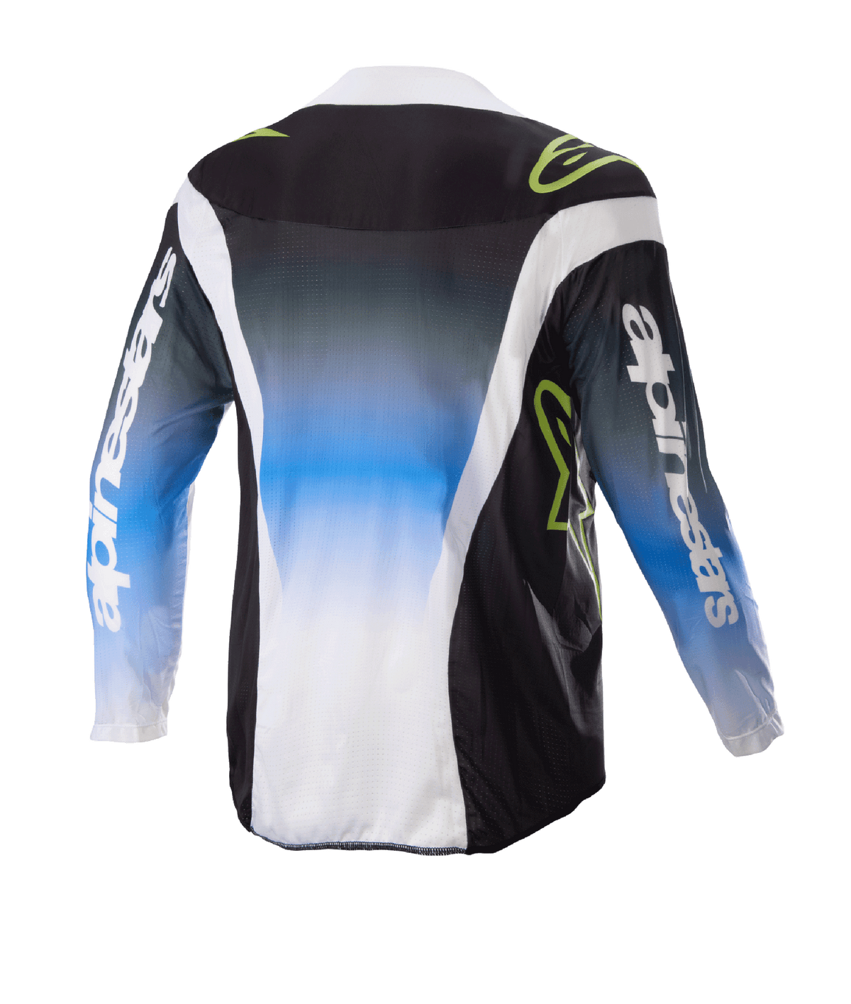 Alpinestars 2023 Kids Racer Push Jersey, motorcross jersey, Nightlife UCLA Blue White en Black, achteraanzicht met blauw-naar-wit kleurverloop in het midden, limegroene logo's en witte zijaccenten, off-road motorkleding met lange mouwen