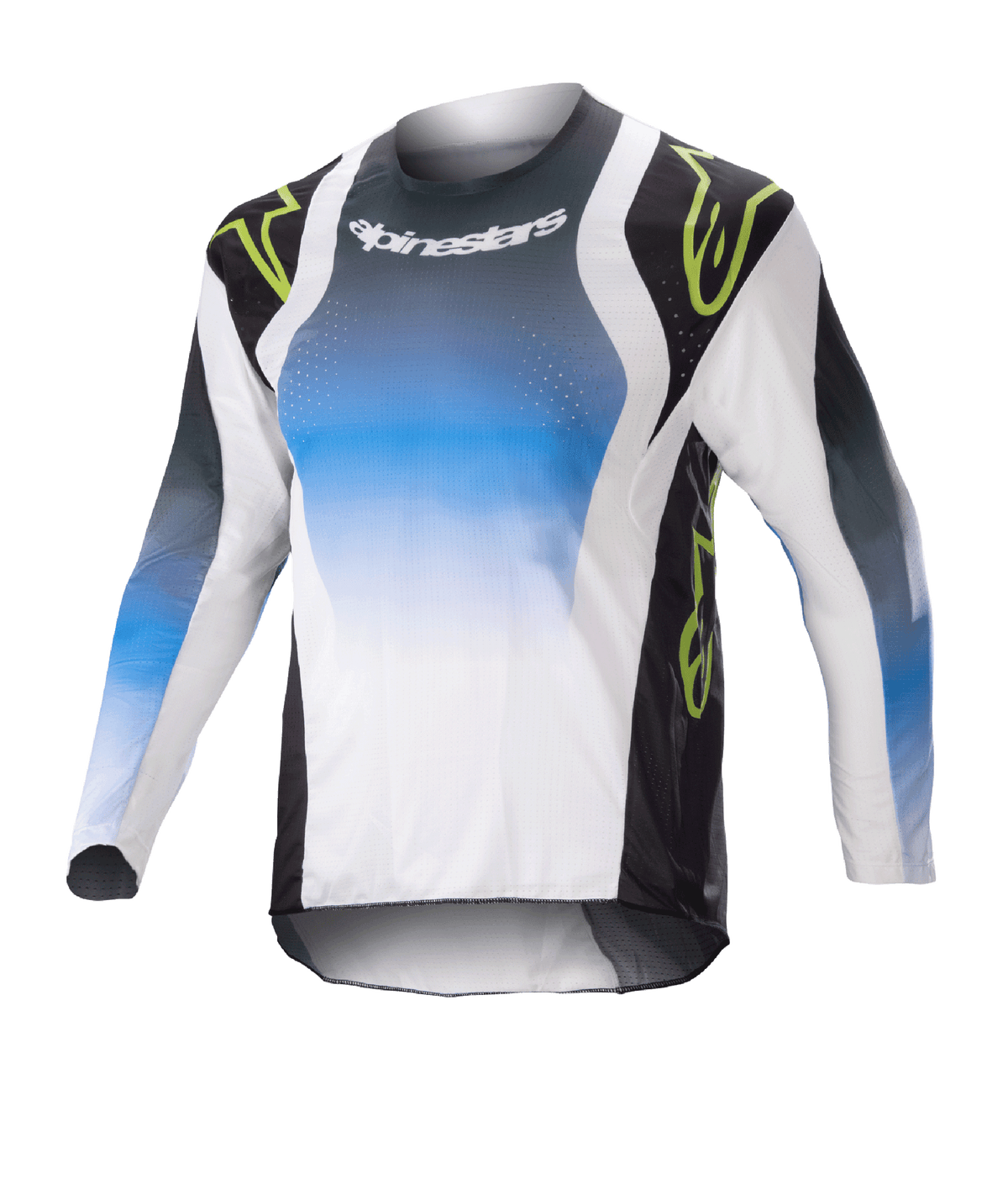 Alpinestars Kids 2023 Racer Push Jersey, jeugd motocross shirt met lange mouwen, blauw, wit en zwart met neongroene accenten, verloopontwerp met Alpinestars-logo op de borst, lichtgewicht ademende stof voor off-road prestaties