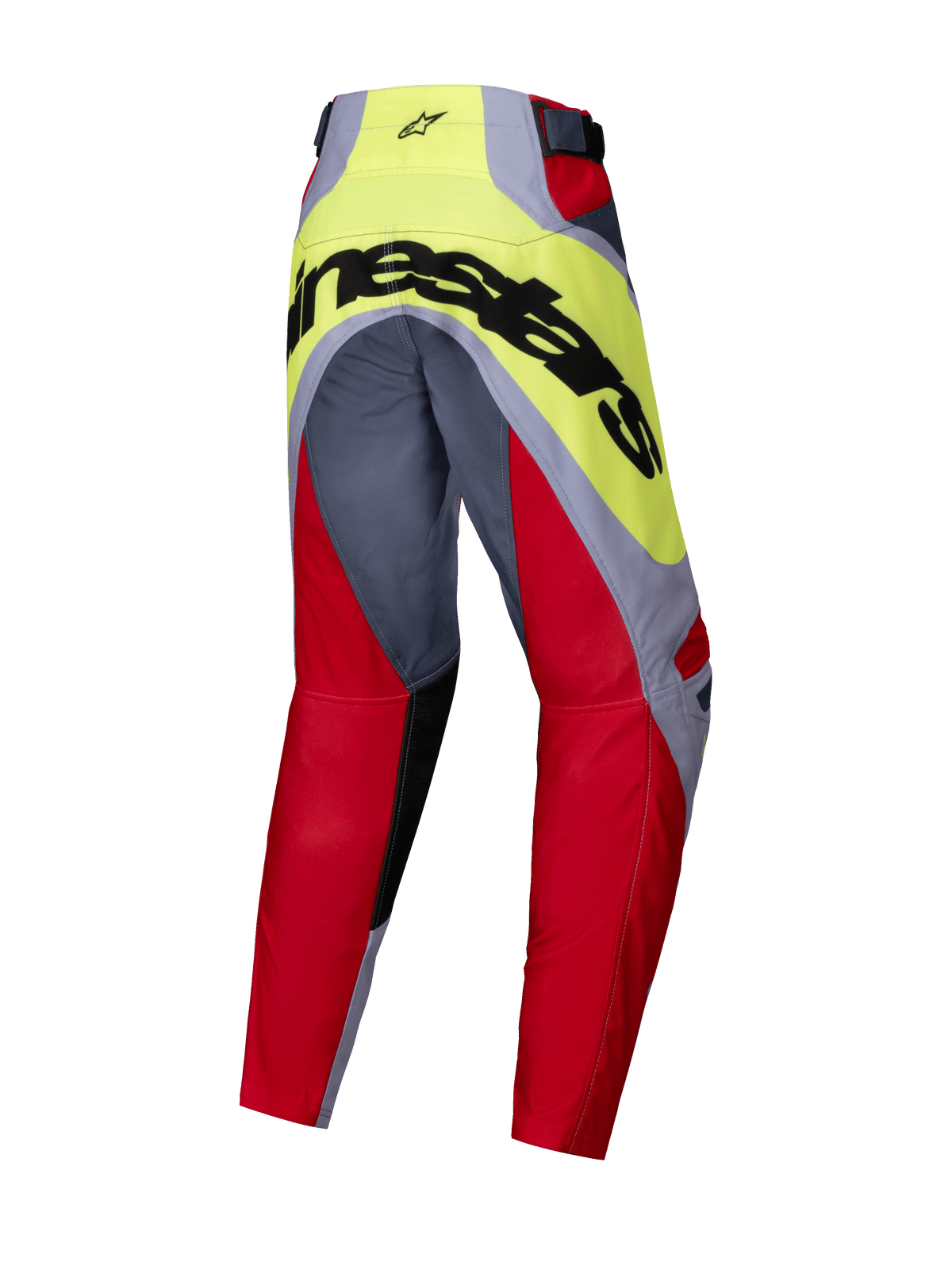 Alpinestars 2025 Youth Racer Melt broek, motorcrossbroek, felrood en grijs met neongeel tussenstuk, achteraanzicht met grote zwarte Alpinestars-branding op het zitvlak, ergonomische voorgevormde constructie voor jeugd motorcross racing.