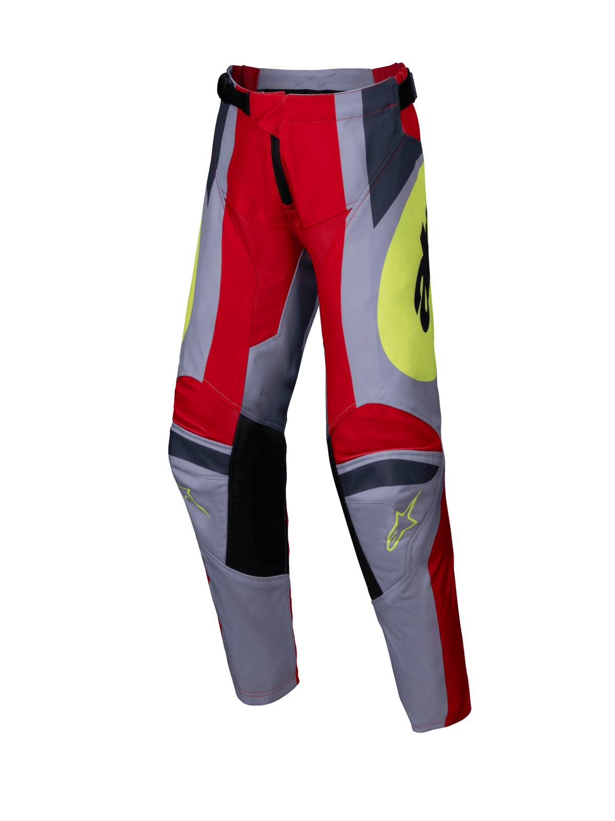 Alpinestars 2025 Youth Racer Melt broek, motorcrossbroek voor kinderen, felrood en grijs met gele accenten, voorzien van zwarte versterkte kniepanelen, opvallende hoekige graphics en Astars-logo's, duurzaam ontwerp voor off-road racen