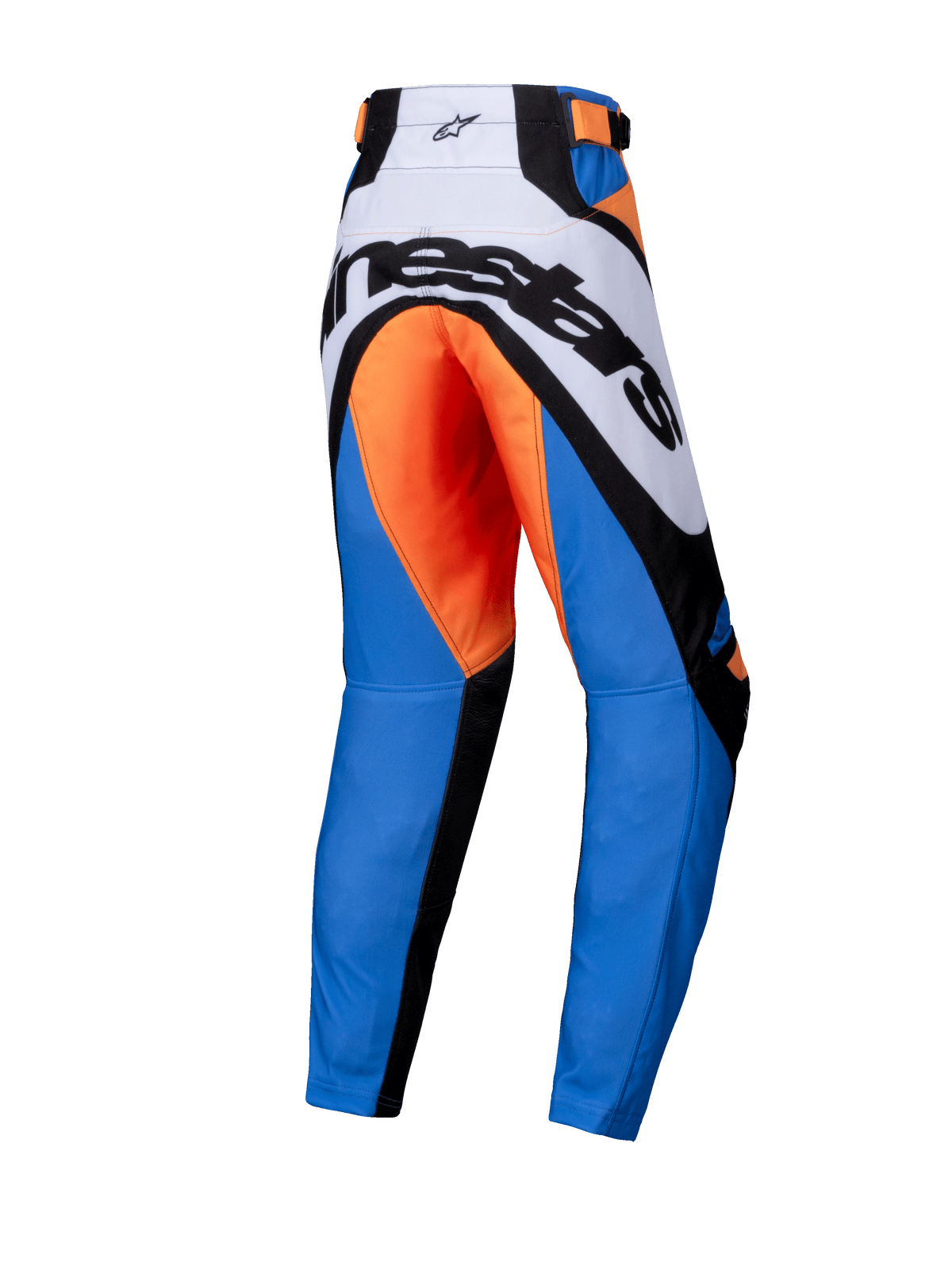 Alpinestars 2025 Youth Racer Melt broek, jeugd motorcross broek, oranje en blauw, achteraanzicht met opvallende zwarte Alpinestars-branding op het witte achterstuk, oranje zitvlak, blauwe broekspijpen en zwarte versterkte panelen, ergonomisch ontwerp voor off-road racen