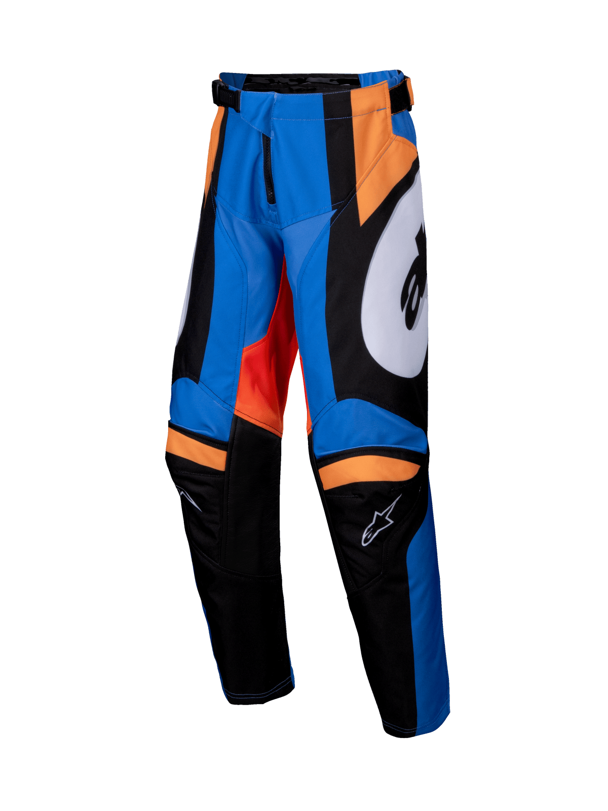 Alpinestars 2025 Youth Racer Melt crossbroek, jeugd motorcross broek, oranje en blauw met zwarte en witte accenten, opvallende grafische panelen, voorgevormde broekspijpen, versterkte binnenknieën, verstelbare taille met ratelsluiting