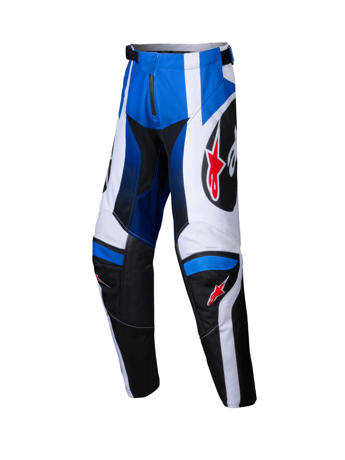 Alpinestars 2025 Youth Racer Wurx motorbroek, jeugd motorcrossbroek, blauw zwart en wit, rode sterlogo's, jeugd off-road race-uitrusting, sportief ontwerp met ritssluiting en verstelbare tailleband, duurzame stof