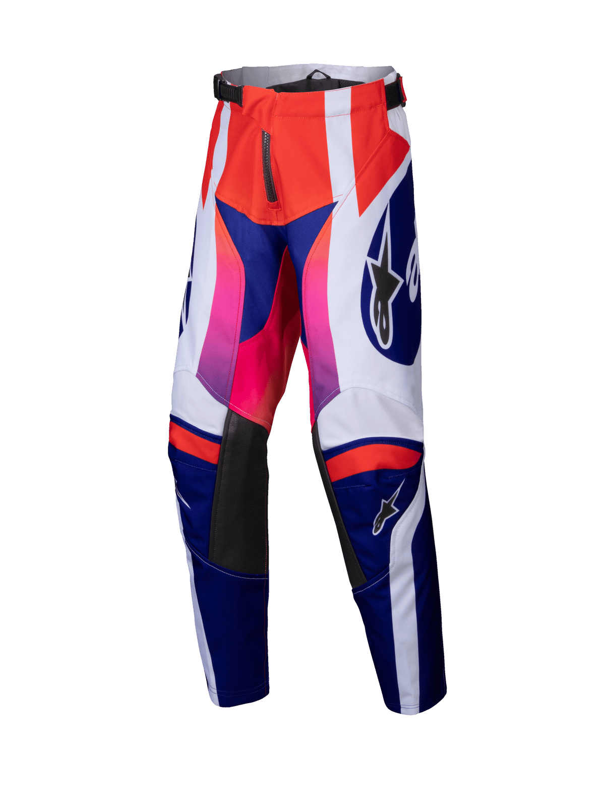 Alpinestars 2025 Youth Racer Wurx crossbroek, motorcrossbroek, rood, blauw, roze en wit, gedurfd geometrisch patroon met roze-naar-rood verlopen, zwarte leren binnenkniepanelen, verstelbare taille, duurzame textielconstructie voor jeugd off-road racen