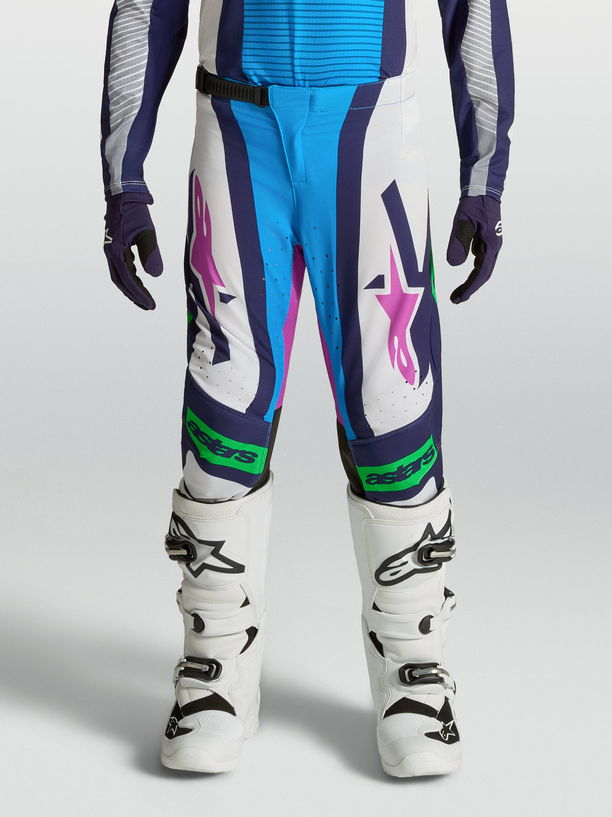 Alpinestars Jeugd Supertech Maven broek, motorcrossbroek, wit en blauw met fluogroene accenten, atletische pasvorm.