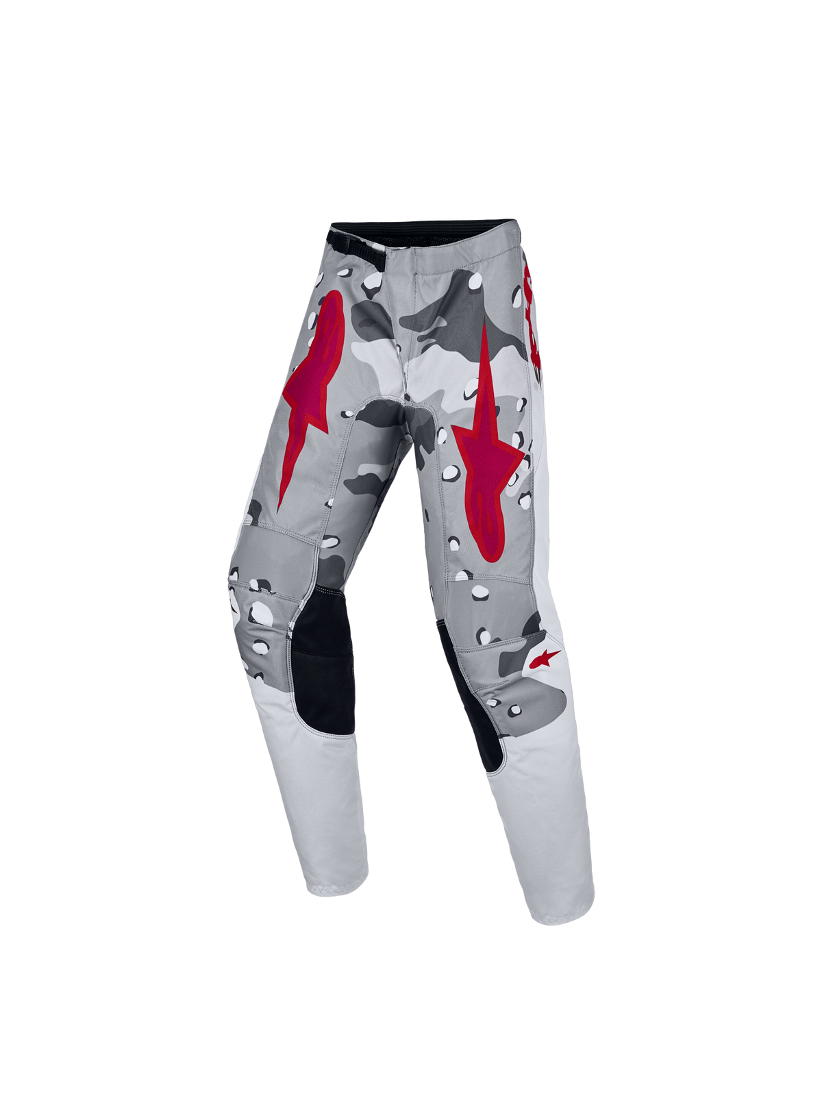 Alpinestars Jeugd Fluid Lone broek, motocrossbroek voor jeugd, grijze camouflage en rood, ergonomische pasvorm voor off-road rijden, duurzame 600D-polystof constructie.