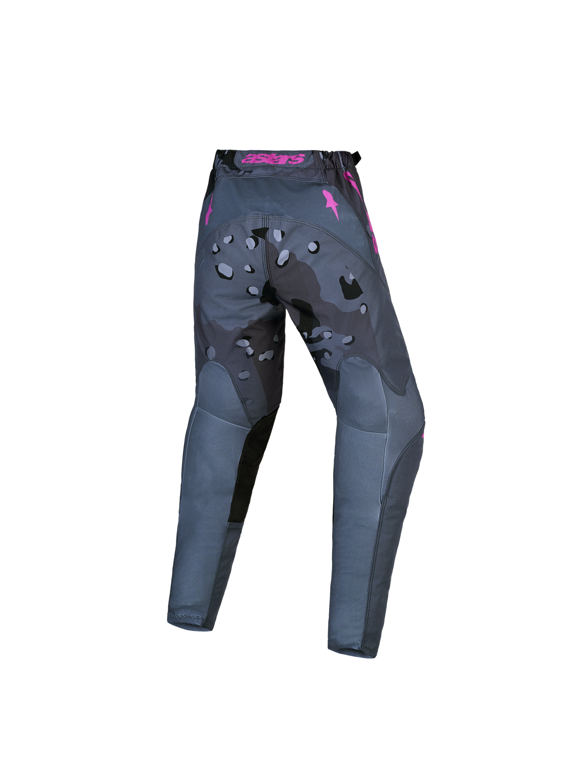 Alpinestars jeugd Fluid Lone motocrossbroek 2027, grijs camo en paars, duurzame 600D polystof, achteraanzicht.
