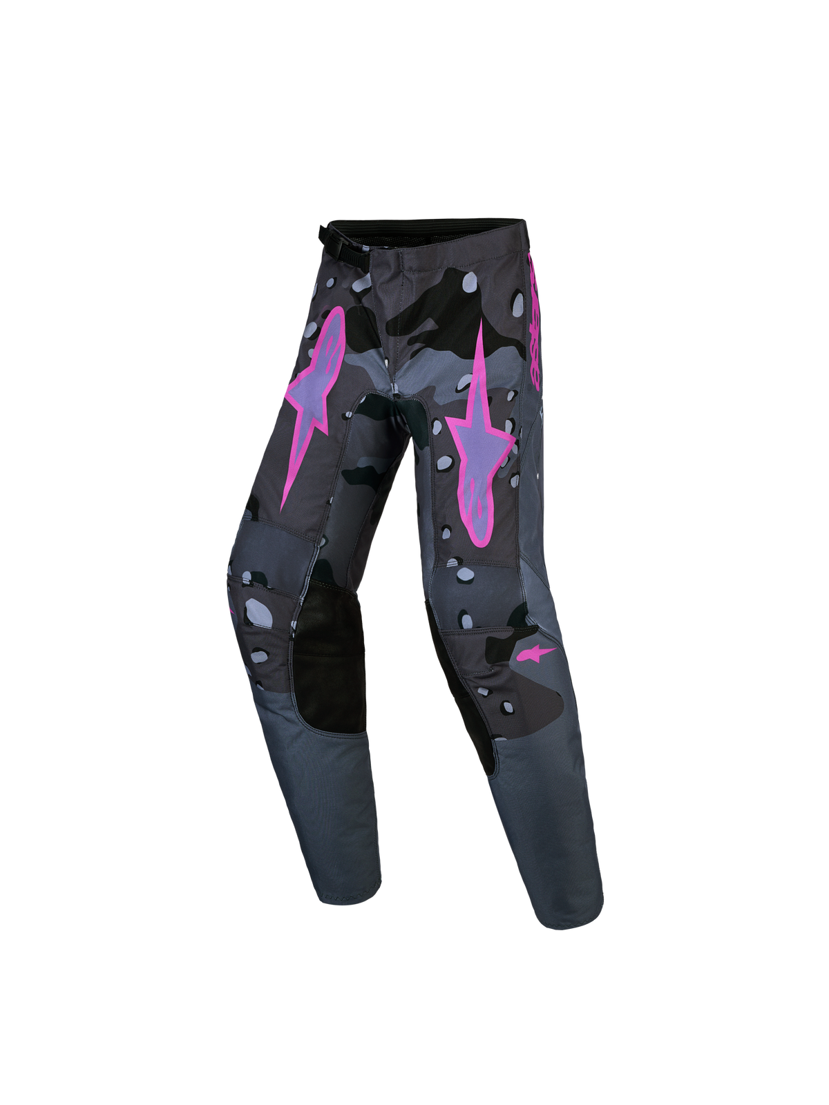 Alpinestars Jeugd Fluid Lone Broek, grijze camo en paarse motocrossbroek van duurzame polystof voor jonge rijders.