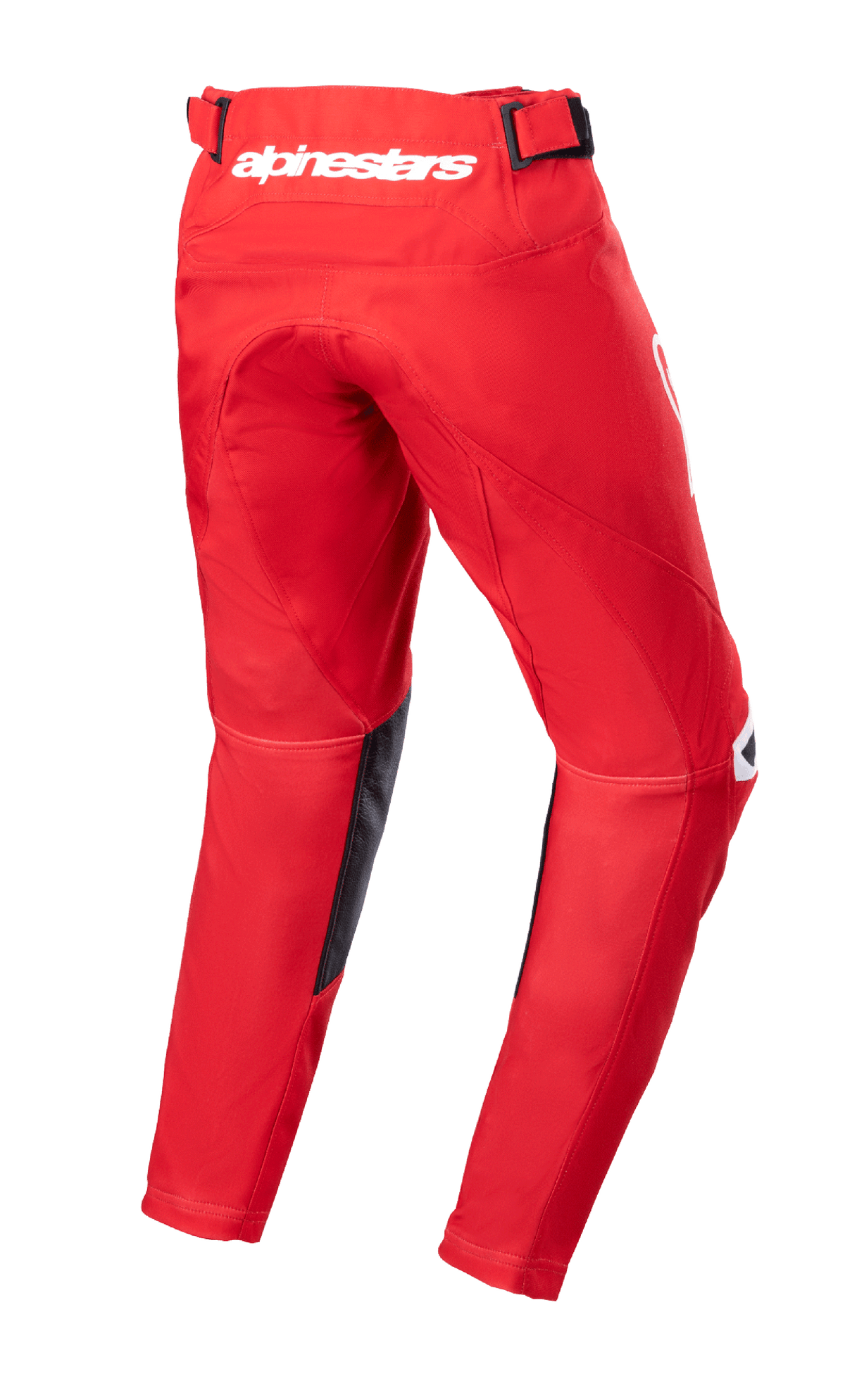 Alpinestars Youth 2023 Racer Narin broek, motorcrossbroek, Mars Red en wit, achteraanzicht met wit Alpinestars-logo op de taille, zwarte leren binnenbeenpanelen, voorgevormd ergonomisch ontwerp voor off-road rijden