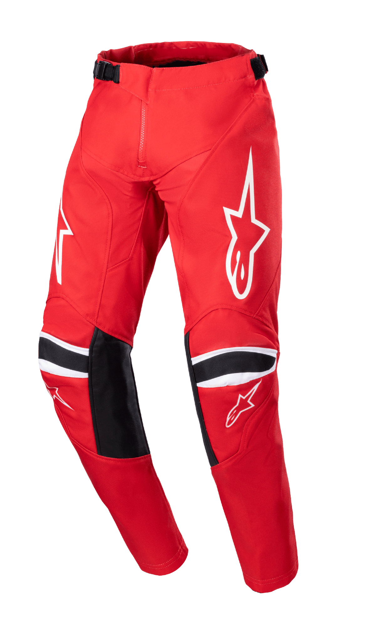 Alpinestars 2023 Youth Racer Narin broek, motorcrossbroek, Mars Red en wit, met witte sterlogo's op de dijbenen, zwarte knieverstevigingspanelen met witte strepen, verstelbare taillebanden, duurzaam off-road raceontwerp
