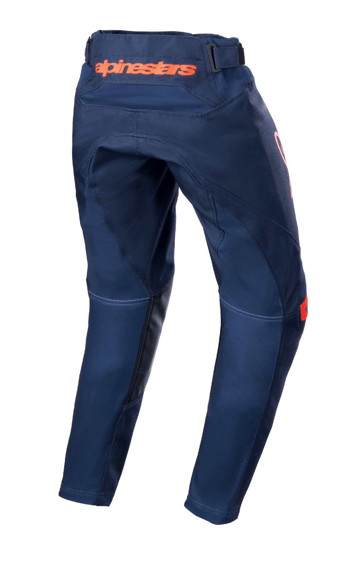 Alpinestars Youth 2023 Racer Narin Pants, jeugd motorcrossbroek, Night Navy en Hot Orange, achteraanzicht met oranje Alpinestars-branding op de taille en zwarte lederen binnenbeenverstevigingen, duurzaam textielontwerp voor off-road rijden