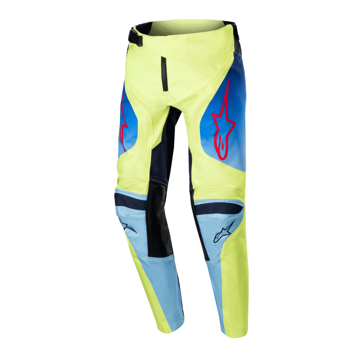 Alpinestars 2024 Youth Racer Hoen Pants, motorcrossbroek voor de jeugd, fluorgeel en donkerblauw, met rode Alpinestars sterlogo's, donkerblauwe panelen en zwarte versterkte knieën, sportief ontwerp voor off-road racing